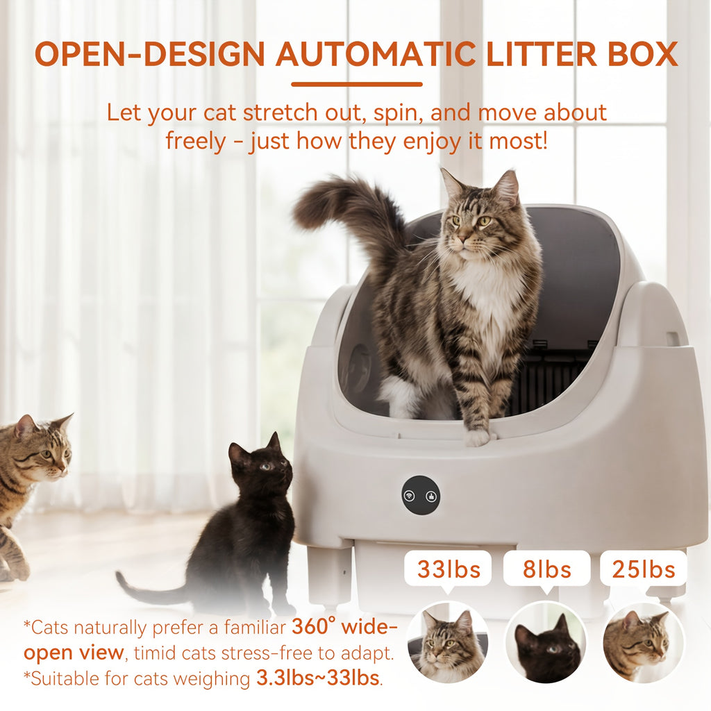 Aoxun Automatic Self-Cleaning Cat Litter Box for Multiple Cats - Large Robot-Style Litter Box with Smart Sensor, Open-Top Design & 360° Safety Protection, Odor-Free Auto Scooper for Indoor Cats, Without Battery
