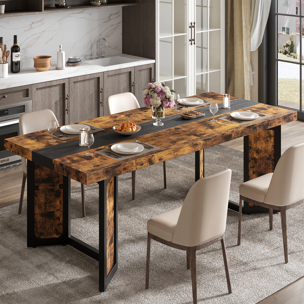 A Spacious Industrial Dining Table Designed for 6 to 8 Individuals, Measuring 71 Inches, Featuring a Robust Metal Frame And a Rustic Brown End, Perfect for Dining Rooms, Kitchens, Or Living Areas
