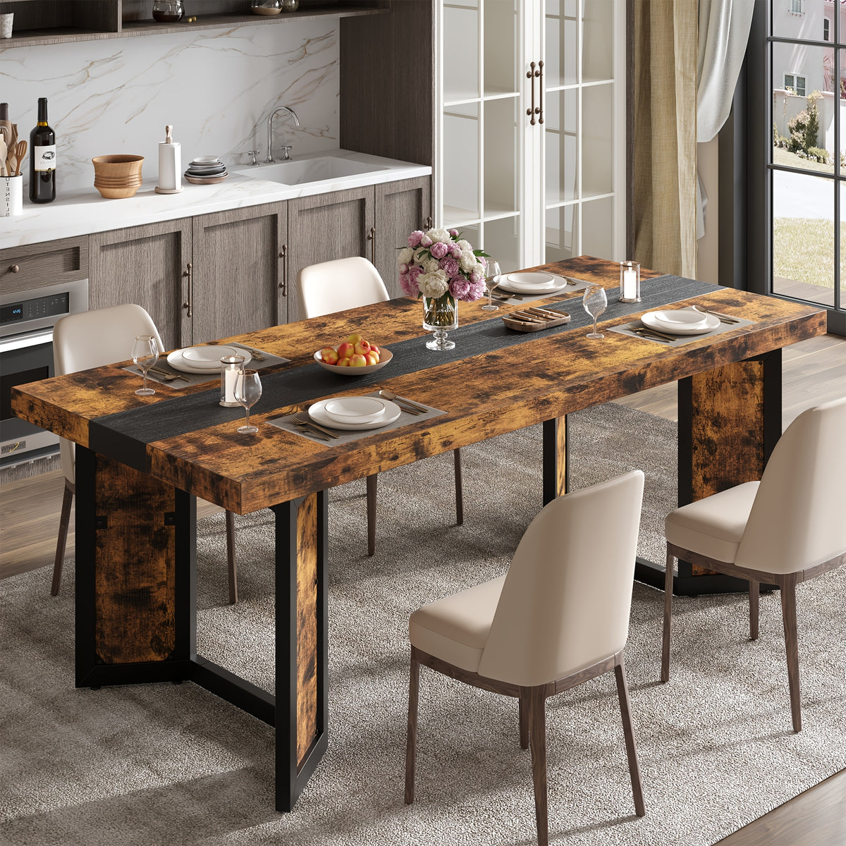 A Spacious Industrial Dining Table Designed for 6 to 8 Individuals, Measuring 71 Inches, Featuring a Robust Metal Frame And a Rustic Brown End, Perfect for Dining Rooms, Kitchens, Or Living Areas