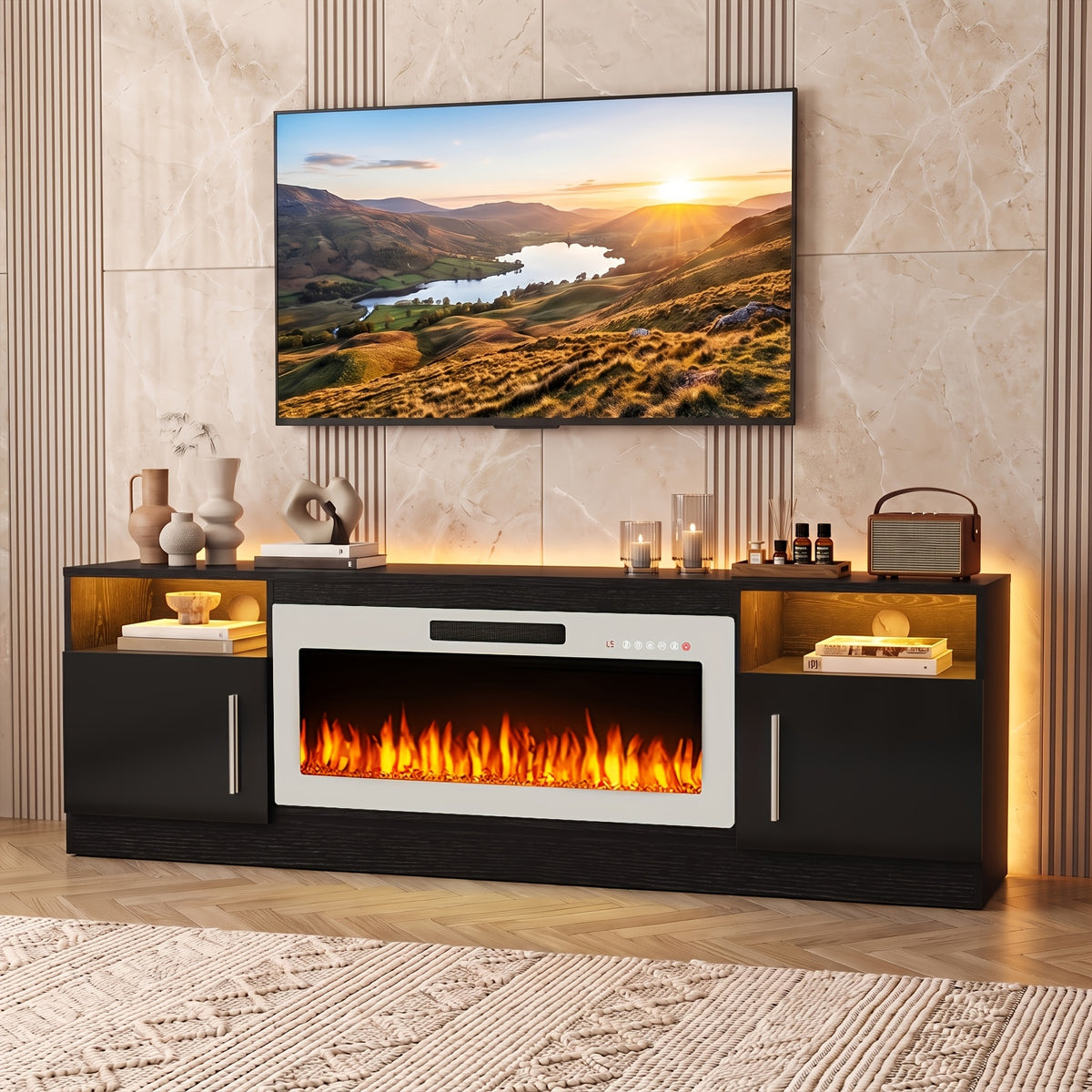 Fireplace TV Stand Entertainment Center with 36" Fireplace, Media TV Console with High Gloss Storage Cabinet And 16 Colors LED Lights, 70" Wooden TV Stand for TVs Up to 80"