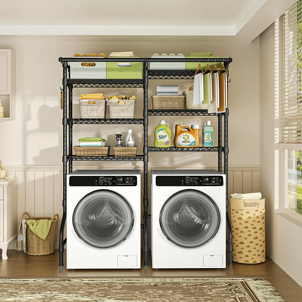 Extra Wide 6-Tier Laundry Room Shelf With 2 Hanging Rods - Freestanding Carbon Steel Storage Organizer Over Washer Dryer, 57.8"W X 22"D X 77.4"H, Black Adjustable Drying Rack, Standing Shelf