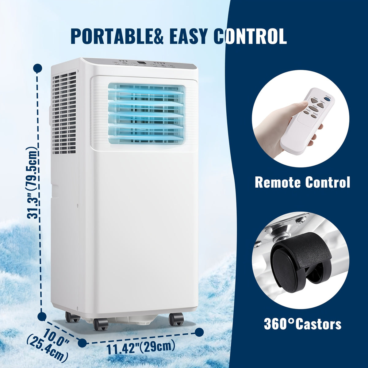 Portable Air Conditioner 8000 BTU, Remote Control, Fan Mode, Cools 250sq. Ft, 24 Hour Timer, Quiet Operation, 2 Fan Speed for Bedroom Office Home Dorm