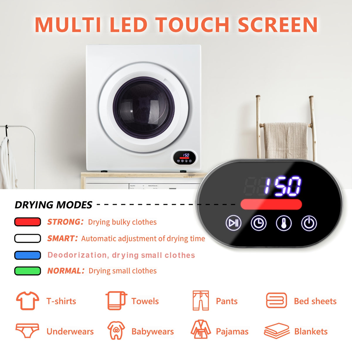 850W Compact Portable Clothes Dryer, 110V, 1.5/1.6/1.85/2.65Cu.ft Front Load with Stainless Steel Tub, Electric Laundry Drying Machine, Easy to Control, Perfect for Apartments, RVs, Dorms, In White.