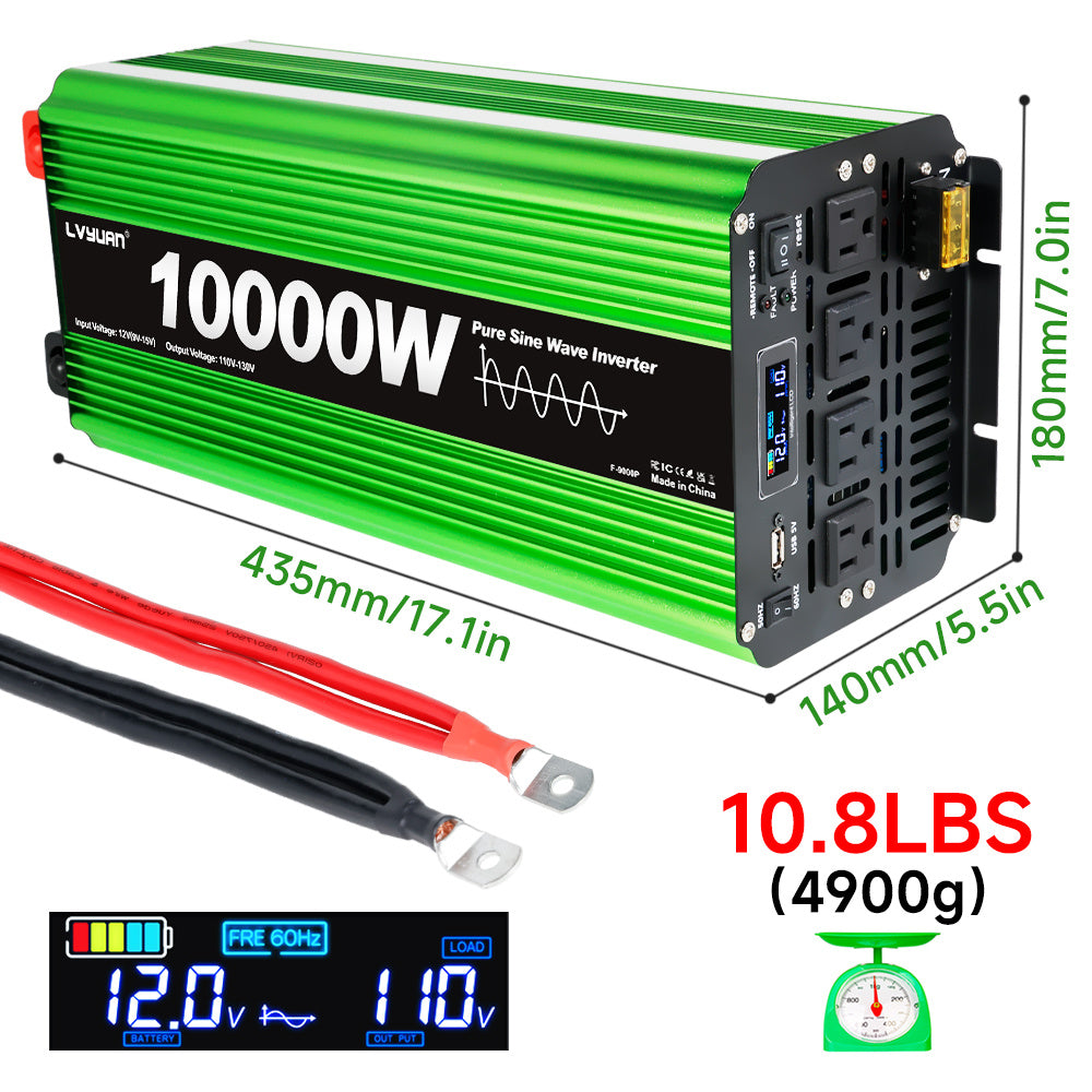 Pure Sine Wave Inverter 10000 Watt (Peak) Vehicle Power Inverter, Converts 12 Vdc to 110 Vdc to 120 Vdc, with LCD Display, Remote Control and Troubleshooting, 4 US Sockets for Car Onboard Chargers, for Home Solar Systems, RV's, and Vans, without Batteries