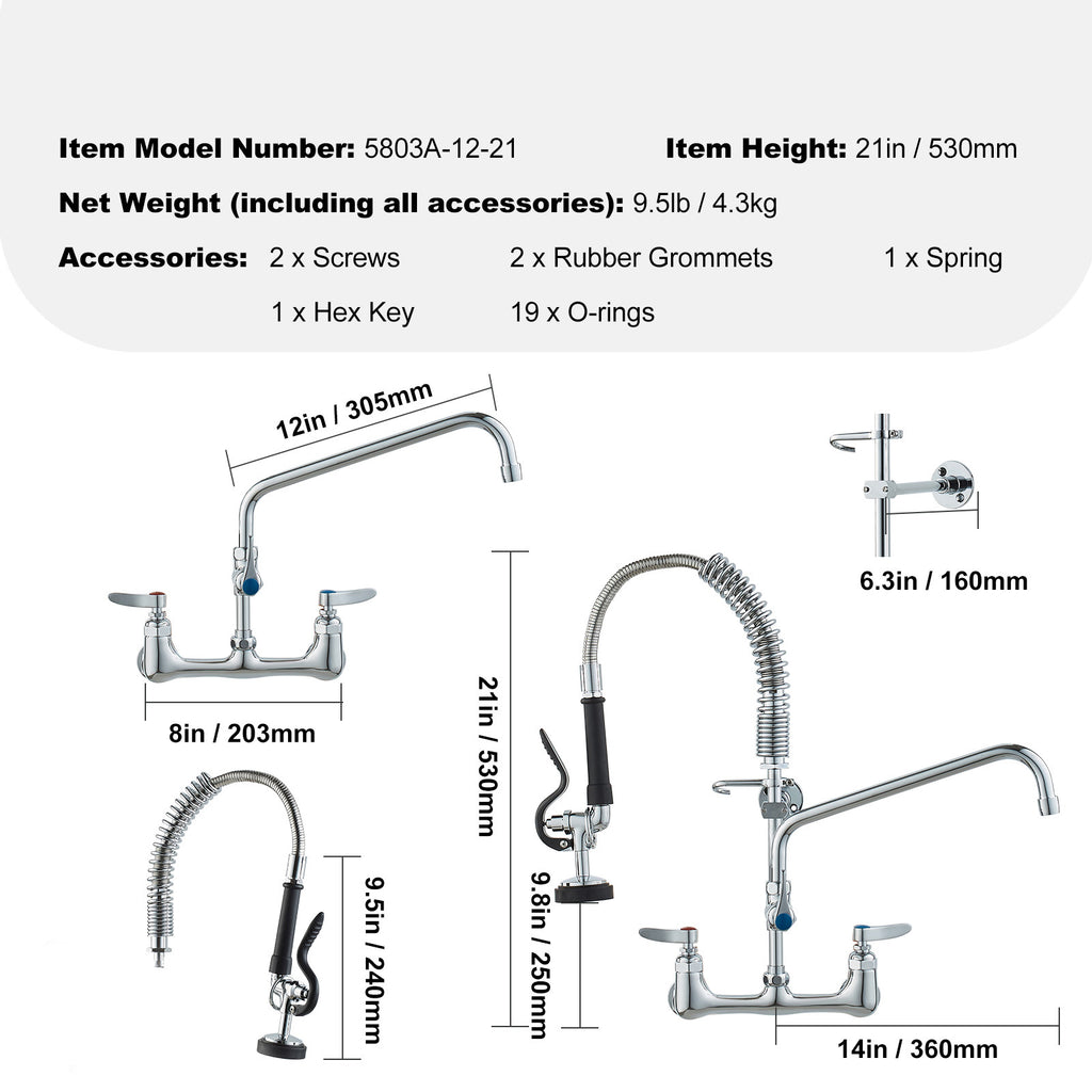 VEVOR Commercial Faucet with Pre-Rinse Sprayer, 21" Height, 8" Center, 12" Swing Spout, Wall Mount Kitchen Sink Faucet, Brass Constructed Device with Pull Down Spray, for 1/2/3 Compartment Sink