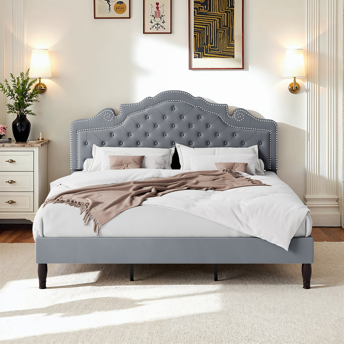 WEEWAY Full/Queen/King Bed Frame with Velvet Adjustable Tiara Curved Headboard And High Resilience, Upholstered Diamond Button Tufted Platform Bed with Wood Slats/No Box Spring Needed/Noise Free/Black/Dark Grey