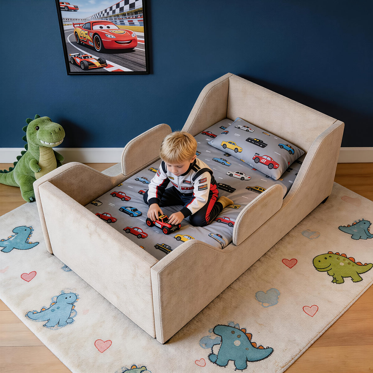 Toddler Floor Bed with Removable Safety Rails And Storage Bag, Kids Bed for Girls And Boys, Standard Crib Size, Safety Upholstered Beds, Low to Floor Design