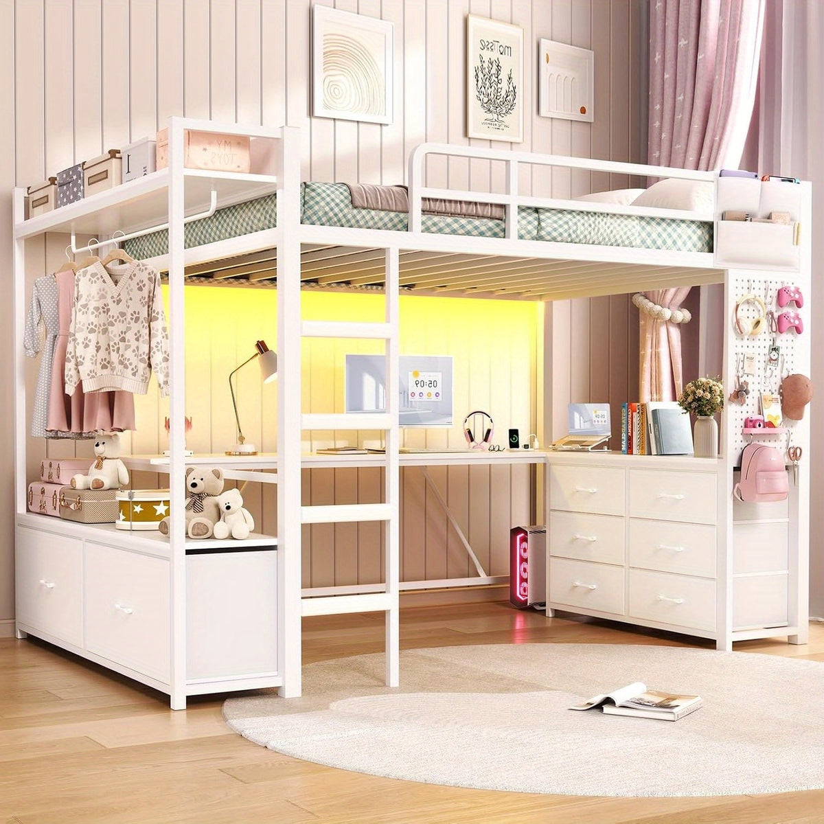 Twin Loft Bed with L-Shaped Desk and 8 Storage Drawers, Modern Metal Loft Bed with LED Lights, Safety Guard & Ladder