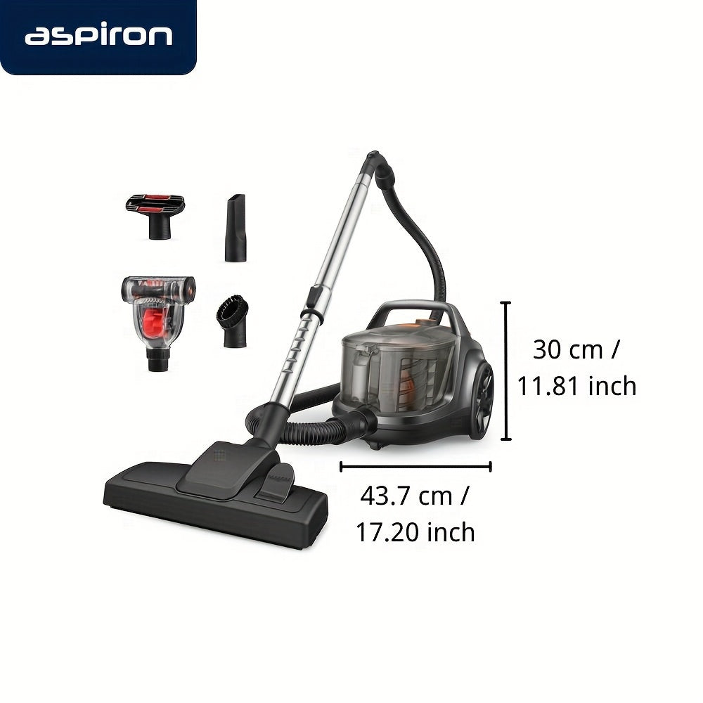 [Lightweight HEPA Vacuum] Aspiron 1200W Bagless Canister Vacuum Cleaner, Lightweight with HEPA Filter, 3.7QT Capacity, Automatic Cord Rewind, 5 Attachments, Ideal for Pet Hair, Hard Floors, and Carpets AS-CA006