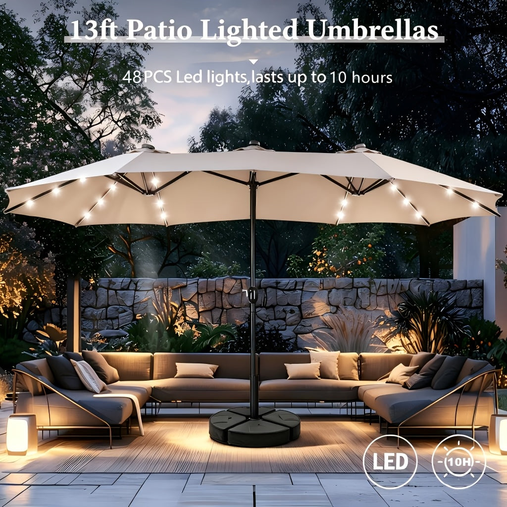 13-foot Double-sided Patio Umbrella with Solar Lights, Includes Base Stand, Large Outdoor Patio Umbrella with Crank Handle, Oversized Outdoor Market Umbrella, 12 Heavy-duty Ribs, Suitable for Outdoor, Market, Patio, Deck, Pool, Backyard, and Other