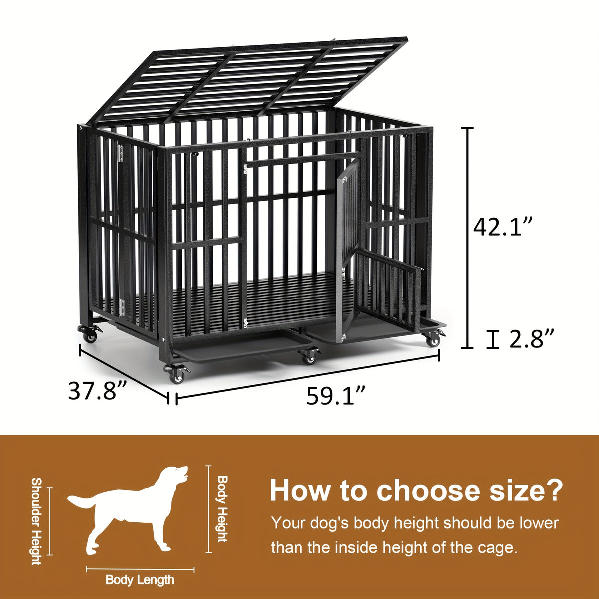 43/38 Inch Heavy Duty Dog Crate, Folding Dog Kennel No Assembly, Escape Proof Large Dog Cage Kennel With Lockable Wheels, High Anxiety Pet Playpen With Double Door Indoor/outdoor.