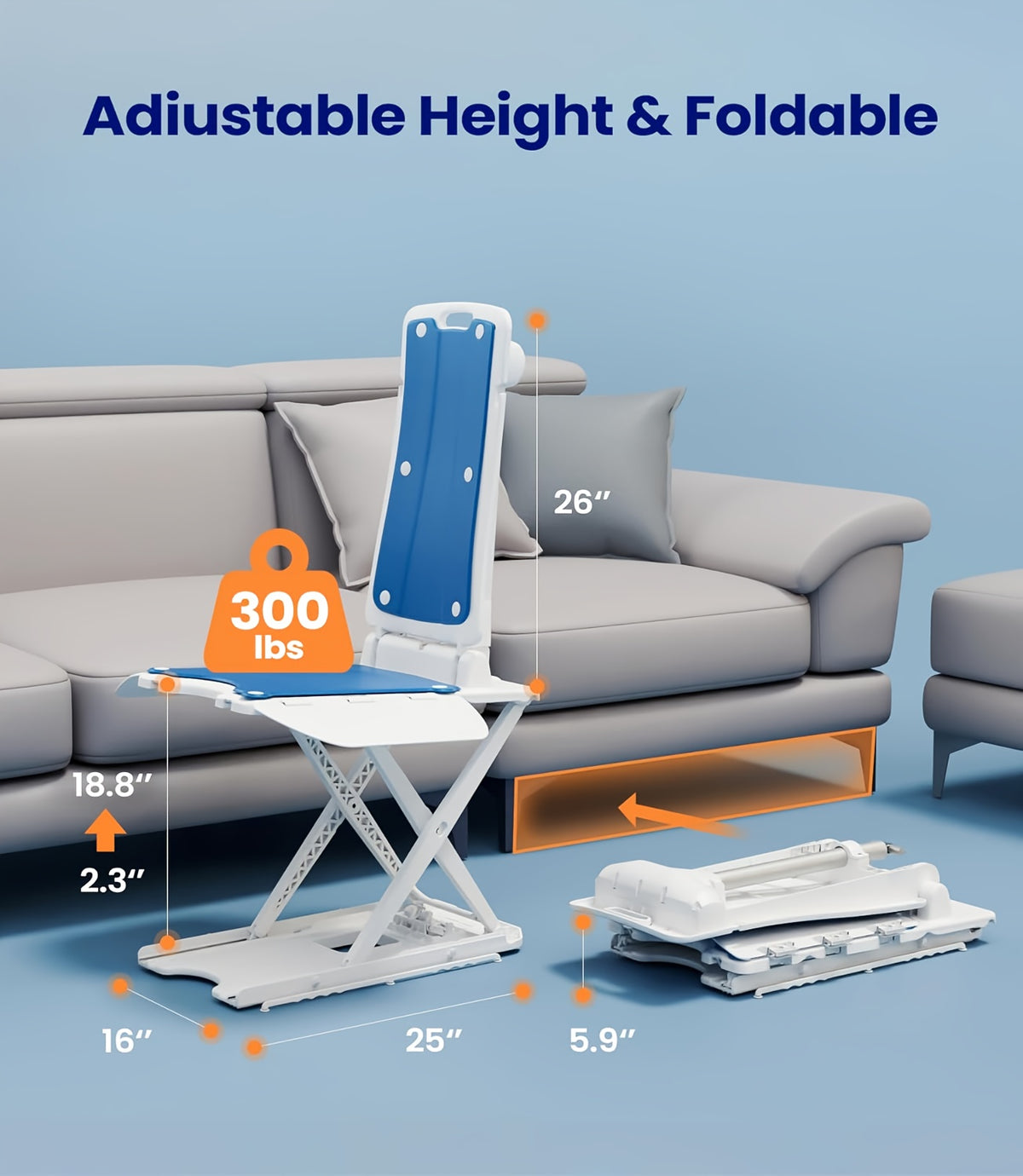 Lightweight Electric Patient Transfer Chair Lift, Fall Assist Medical Device for Elderly, Remote Control Floor Lift for Disabled, Stable Suction Cup Base, 300LBS Weight Capacity, 23 LBS Item Weight