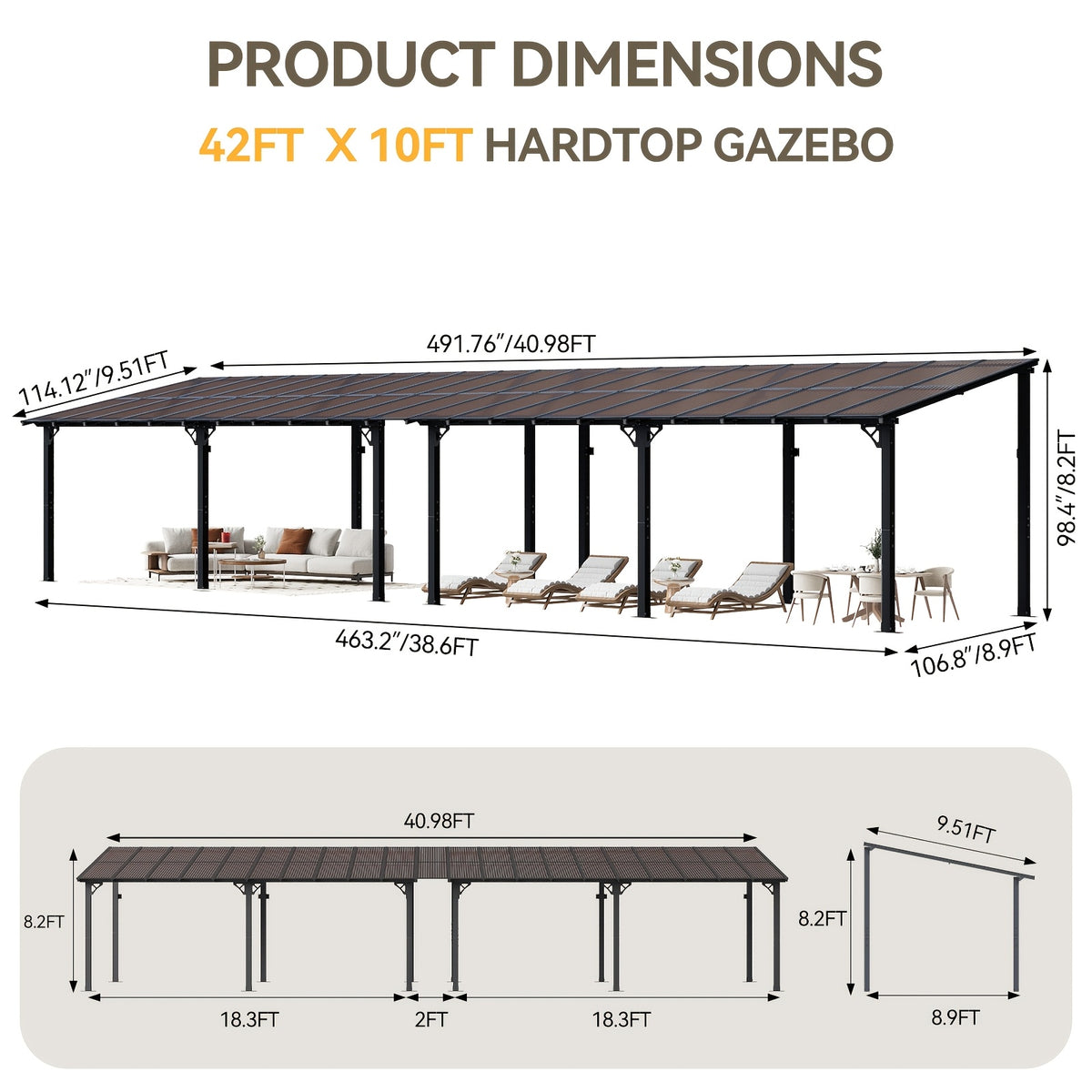 Outdoor Gazebo & Pergola Set - Hard Top Lean-to Wall Mounted Aluminum Alloy Awning With Canopy Roof, Outdoor All-Weather Cover For Patio, Backyard, Deck, Shade & Rain Protection(Multi-size Selection)