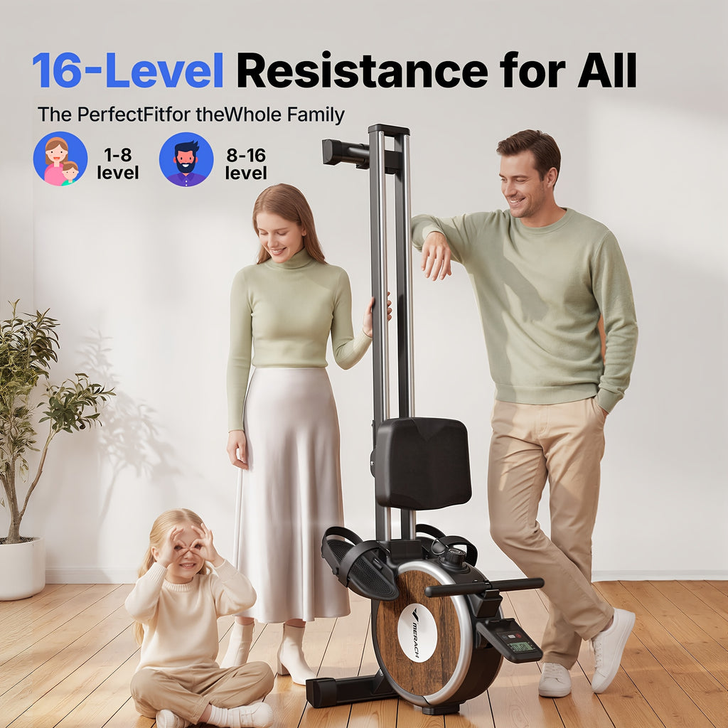 MERACH Home Rowing Machine with Magnetic Quiet Resistance, 16 Adjustable Levels, 350lbs Weight Capacity, Bluetooth App Sync, And Smooth Dual Rails