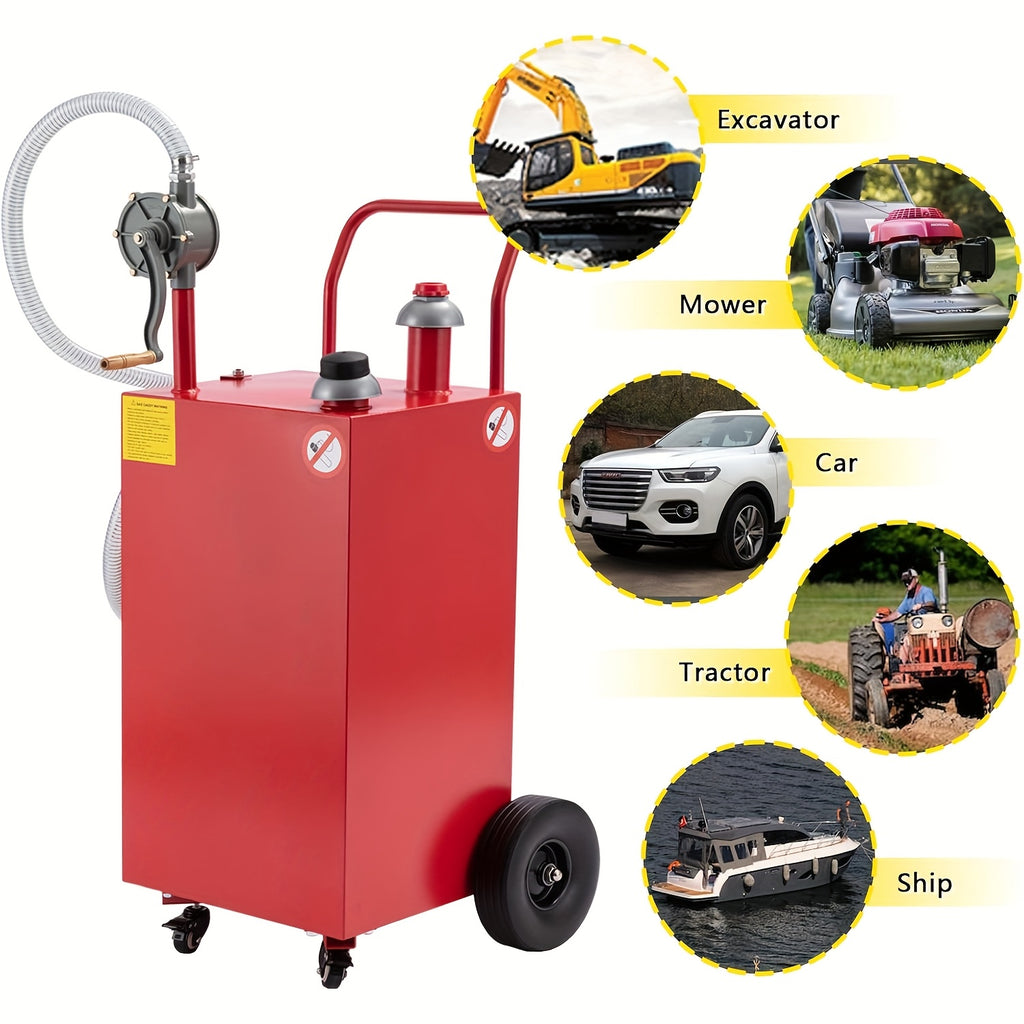 35 Gallon Fuel Caddy - Gas Storage Tank - 4 Wheels Large - Gasoline Container Diesel Can with Manual Transfer Pump And Solid Rubber for Cars, Boats, Lawn Mowers, ATVs, Red