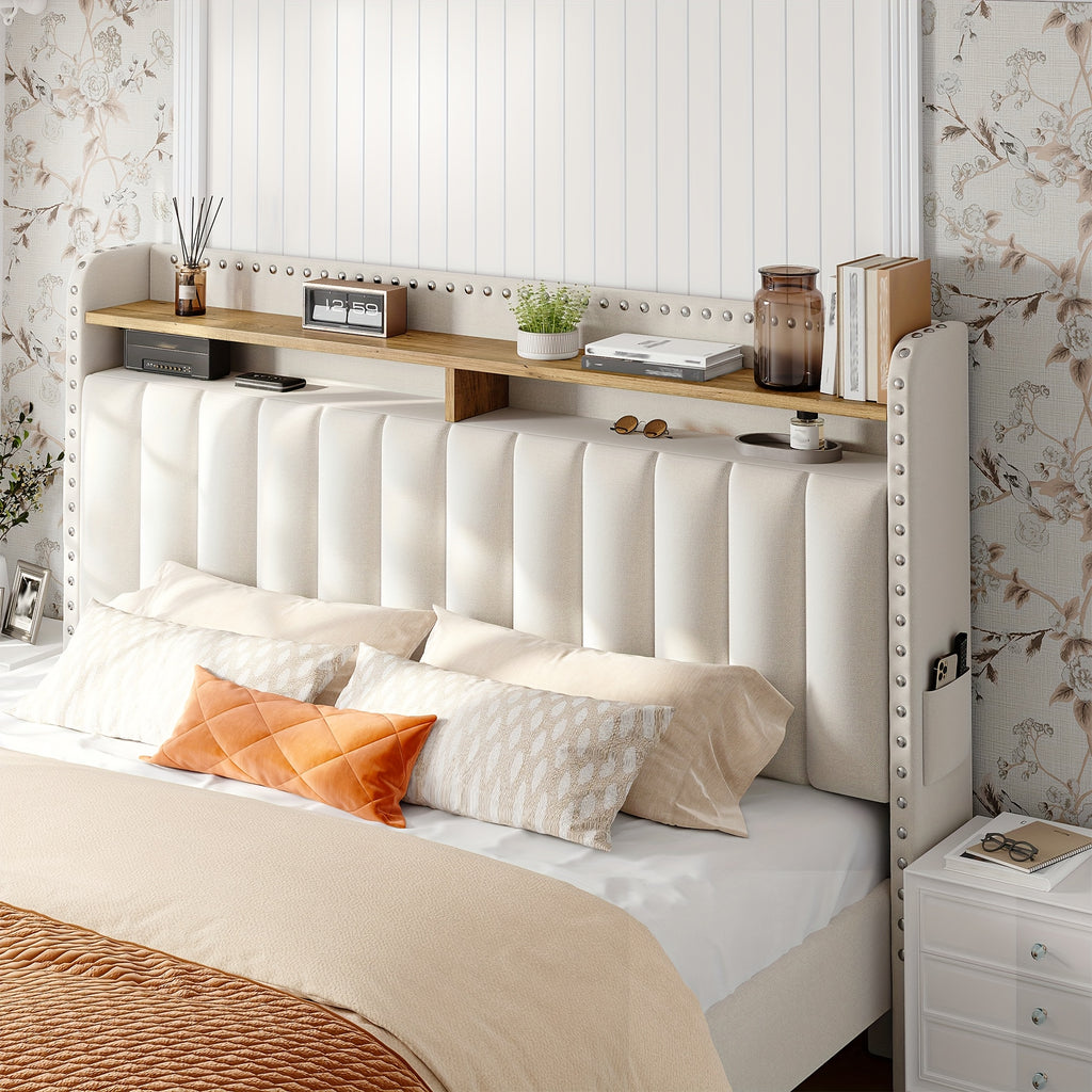 King Size Upholstered Bed Frame with Storage, 2-Tier Headboard And 2 Drawers, Sturdy Wood Slats, No Box Spring Needed, Noise-Free, Modern Grey/Beige, Easy Assembly, Space Saving