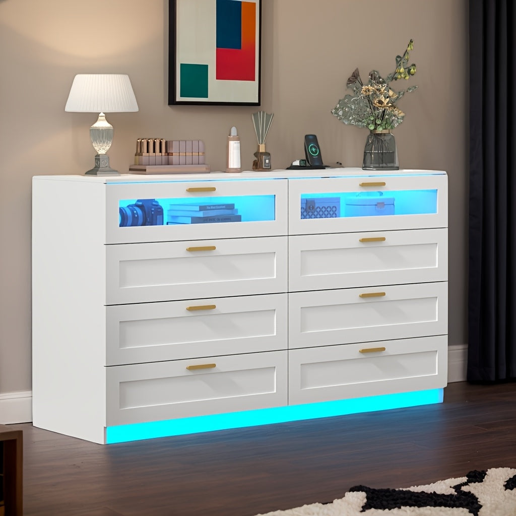 8-Drawer Dresser, Bedroom 8-Tier Drawer Dressing Table, Drawer Storage Cabinet with Power Outlet and LED Lights, Wardrobe Storage and Organization Function, Home Furniture, Living Room Furniture, Storage Drawer Units
