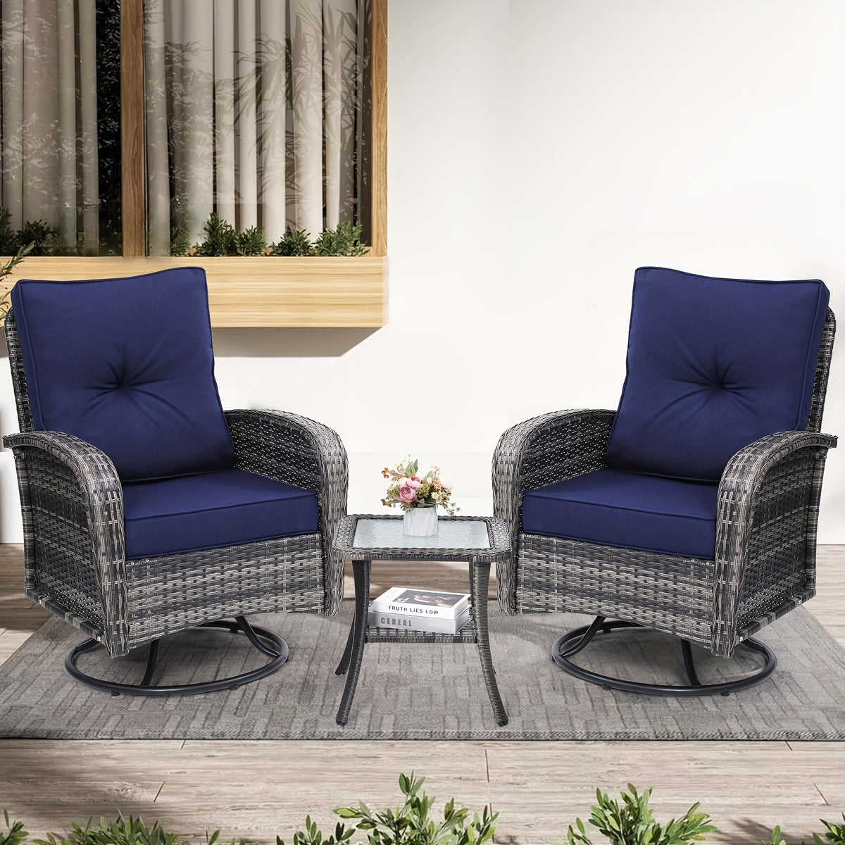 3pcs Patio Wicker Glider-Rocker Set, 360-Degree Swivel, Includes 2 Large Wicker Gliders And Matching Rattan Table, Thick Comfortable Washable Cushions, Perfect for Deck, Porch, Patio, As an Accent Chair Set