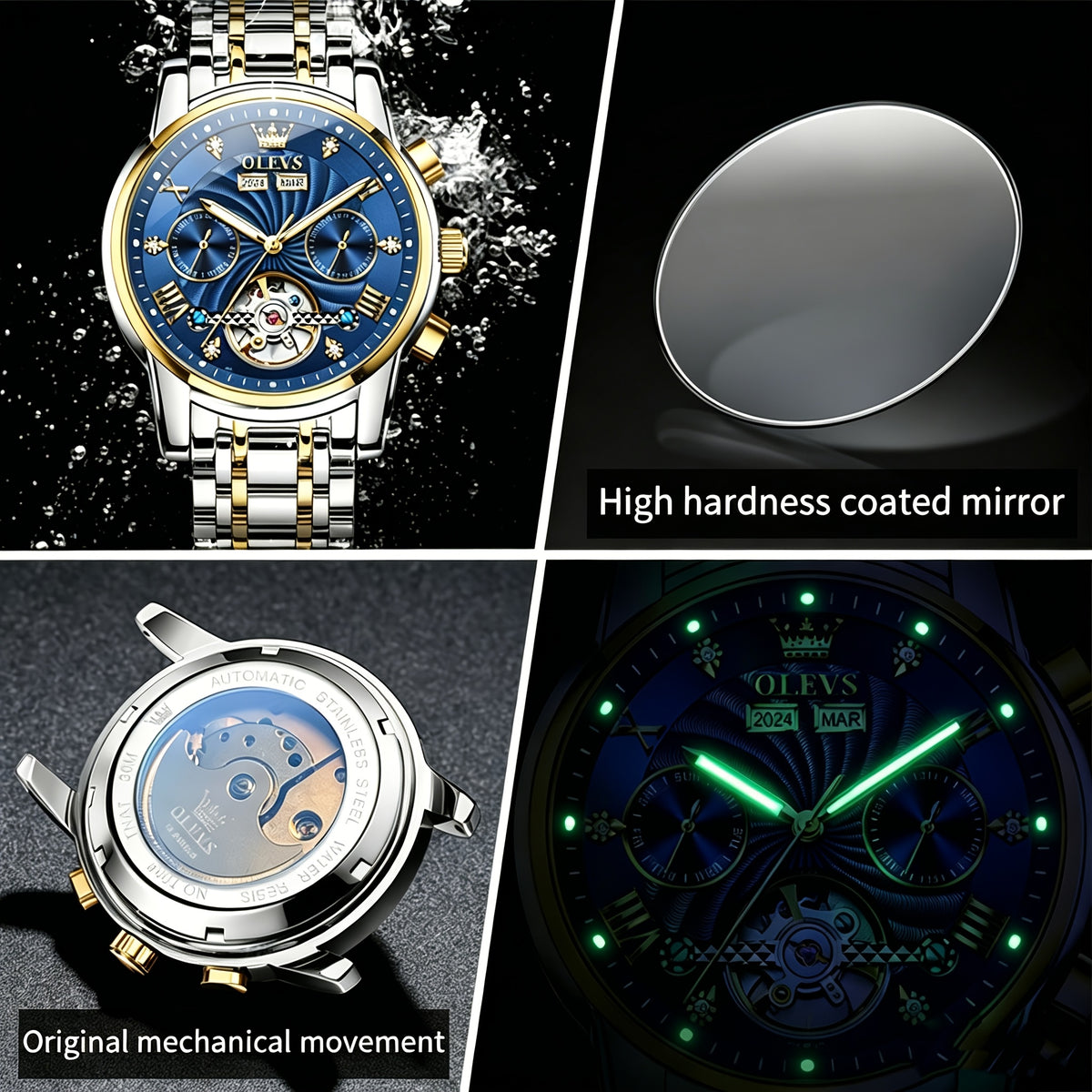 OLEVS Men's Mechanical Watch — Automatic Stainless Steel Wristwatch with Luminous Dual-Calendar Large Dial