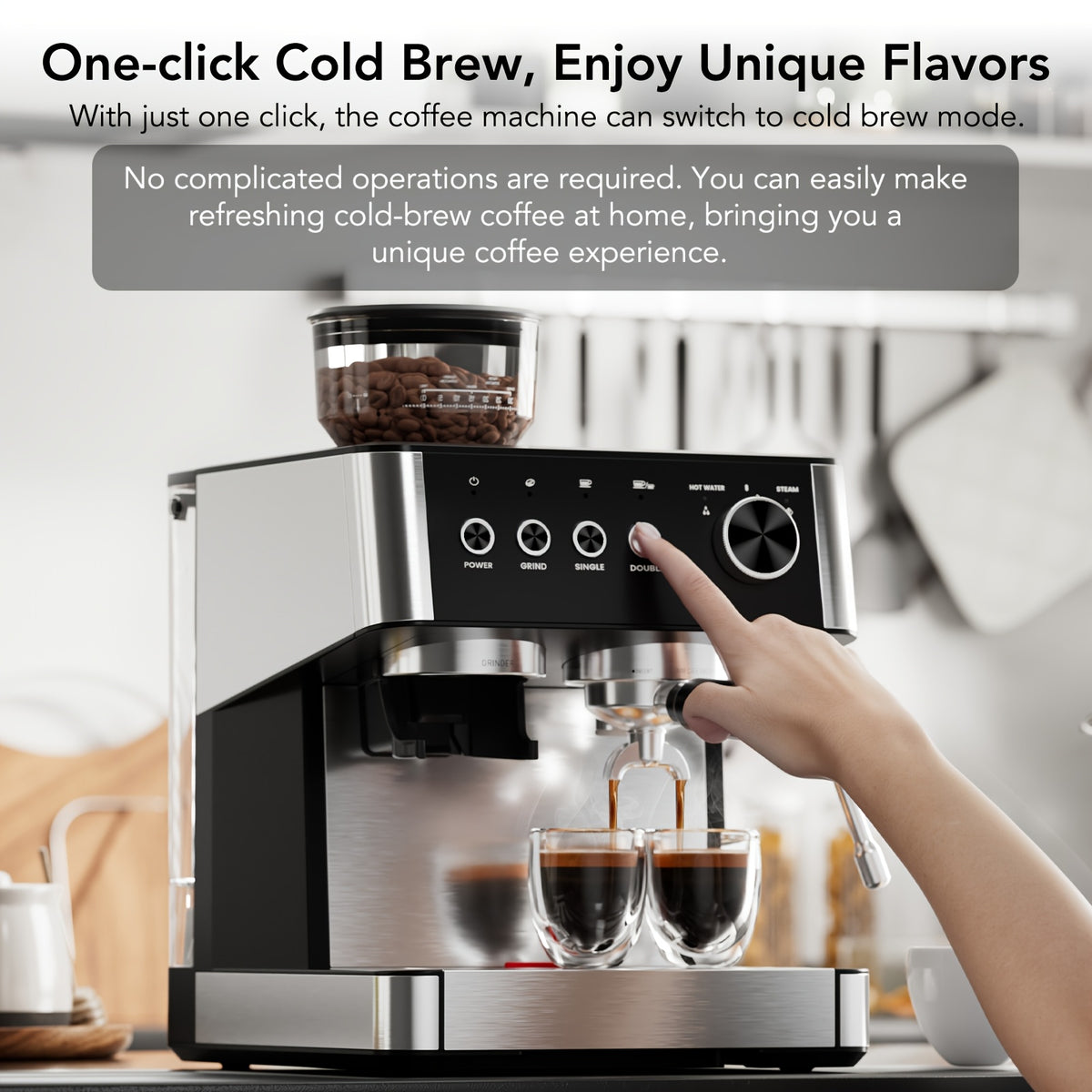 All-In-One Espresso Machine With Built-In Grinder, 15-Bar Pressure, Steam Milk Frother Wand, Cappuccino & Espresso Maker With Hot Water Dispenser