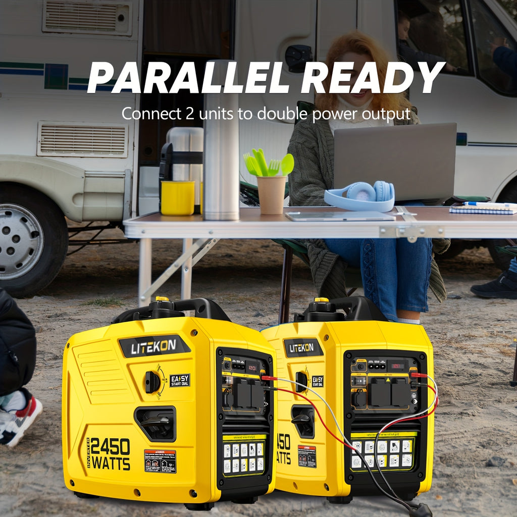 2450 Watt Inverter Generator, Quiet Gas Powered Generator, 1.6 Gallon Large Fuel Tank Fuel Capacity Up to 14 Hours, 120V AC Outlet, DC USB C Port, Parallel Ready, Metal Construction, Mobile Power Source, Robust Construction, Portable Generator