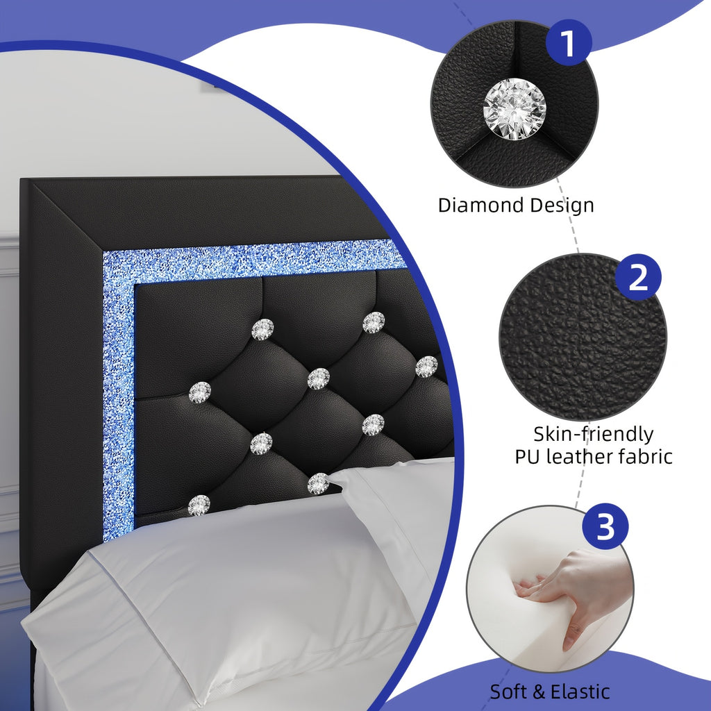Twin Full Queen King Size Floating Black/White/Pink Bed Frame with LED Lights, Platform Bed with Diamond Tufted Headboard, Wood Bed Frame, Bed Frame Queen Size No Box Spring Needed, Noise Free, Easy Assembly, Black/White/Pink