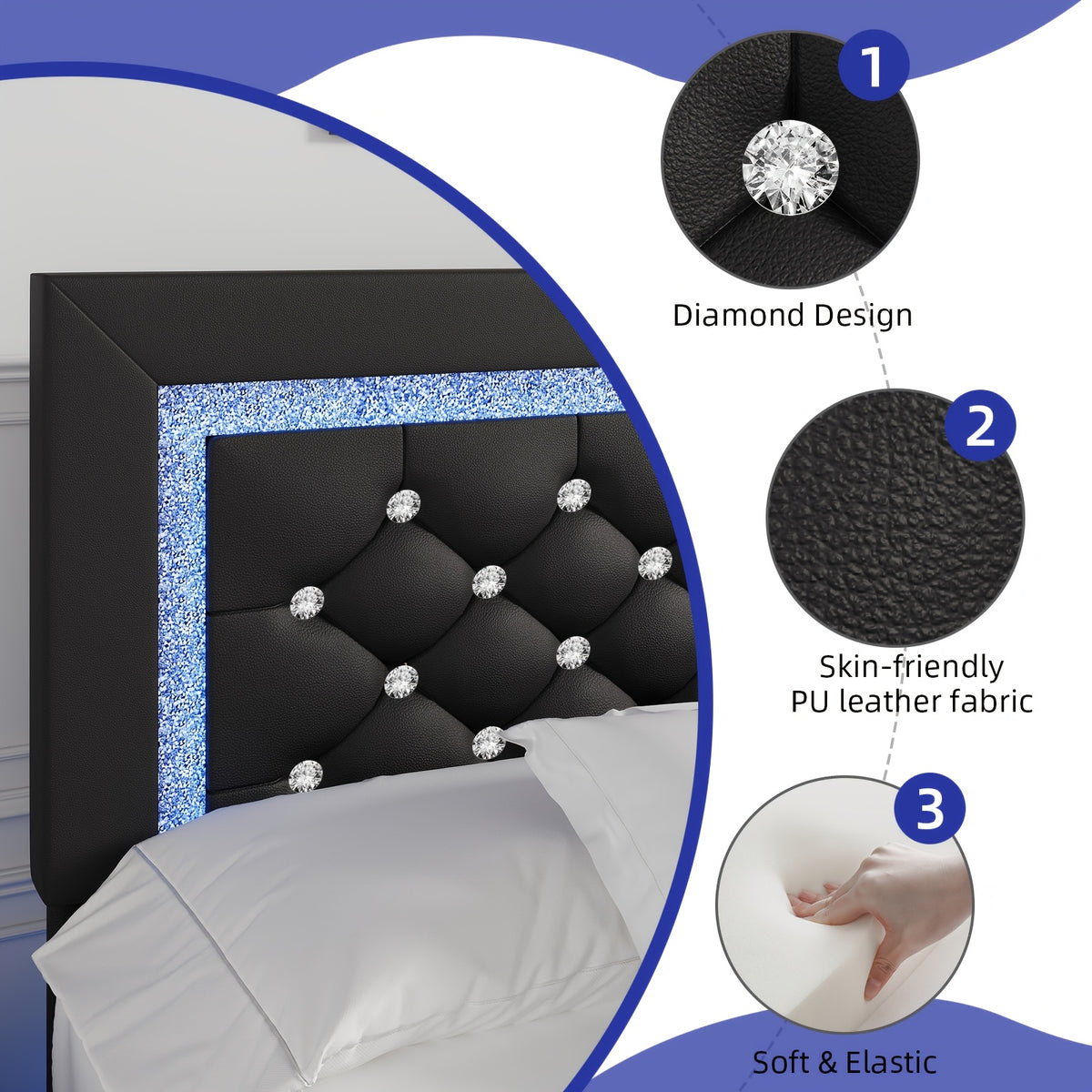 Twin Full Queen King Size Floating Black/White/Pink Bed Frame with LED Lights, Platform Bed with Diamond Tufted Headboard, Wood Bed Frame, Bed Frame Queen Size No Box Spring Needed, Noise Free, Easy Assembly, Black/White/Pink