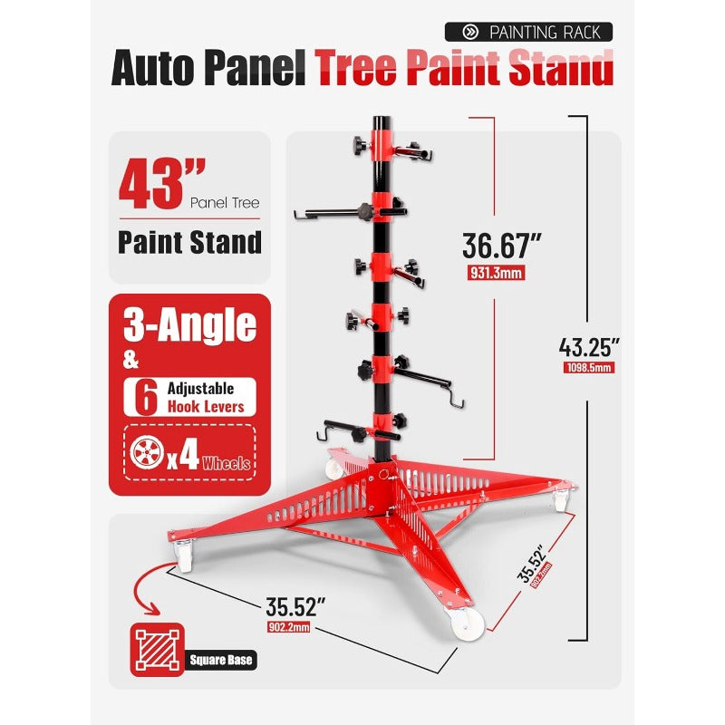 43" Panel Tree Paint Stand, 3-Angle 6 Adjustable Hook Levers, Panel Holder, Auto Accessories Repair Tools, w/4Wheels, Painting Rack for Hang Automotive Panels, Doors, Fenders, Bumpers, Car Parts