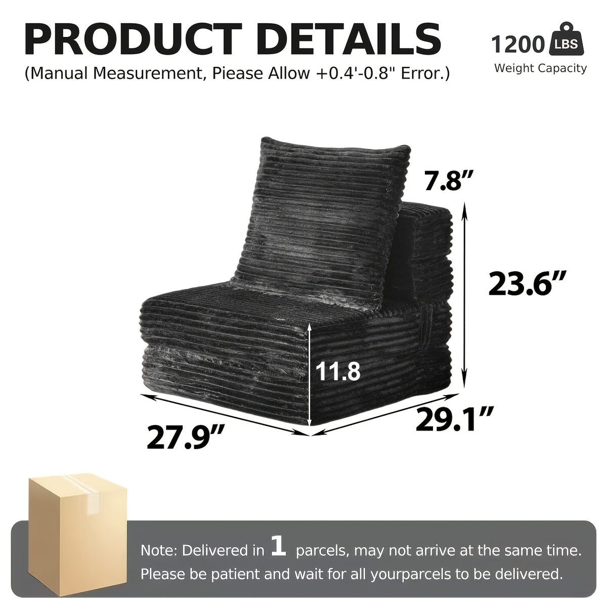 Convertible Floor Sofa Bed, Memory Foam Seating and Folding Armrests for Apartments and Guest Rooms