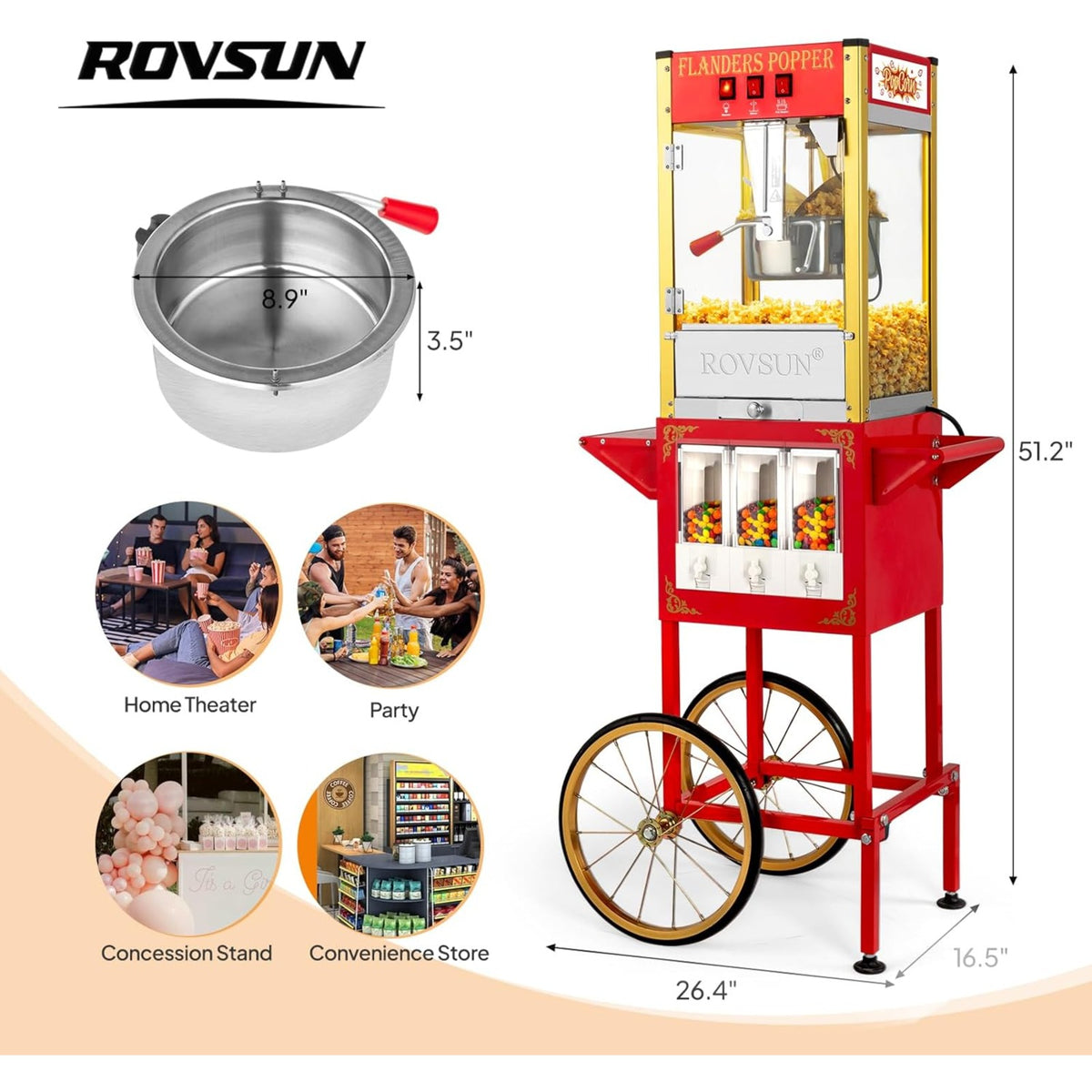 MEFEIR Popcorn Machine w/Cart, Wheels & 8 Oz Kettle Makes Up to 32 Cups ETL Certified, Popcorn Maker w/Candy Dispensers Stainless Steel Scoop, Oil Spoon & 3 Popcorn Cups for Commercial Home Theater