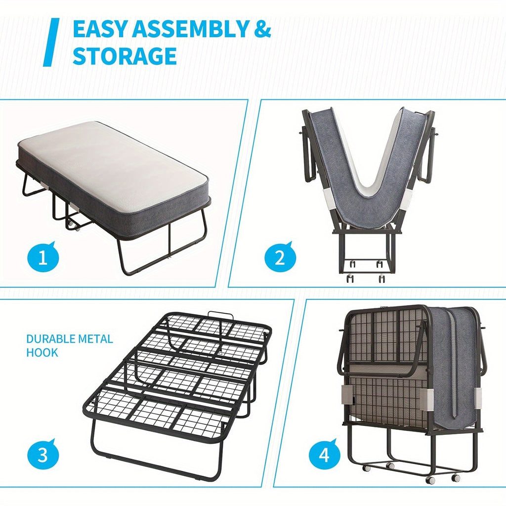 Folding Bed with 4 Inch Memory Foam Mattress, Single Rollaway Bed for Guests, Space Saving Portable Bed with Lockable Wheels, Easy Assembly& Moving, 75 x 31(Standard)
