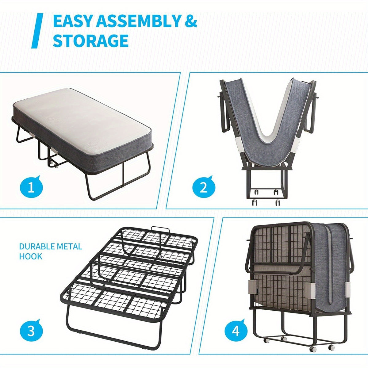 Folding Bed with 4 Inch Memory Foam Mattress, Single Rollaway Bed for Guests, Space Saving Portable Bed with Lockable Wheels, Easy Assembly& Moving, 75 x 31(Standard)