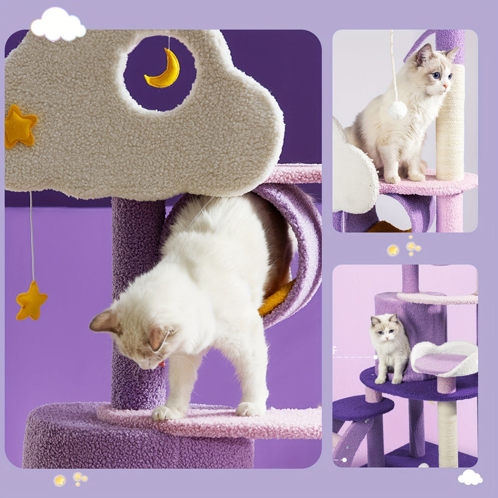 65in Cat Tree Cute for Indoor Cats Pink Moon Cat Tree Tower with Scratching Post, Hammock And Condo Large Tall Cat Tree for Kittens Cats