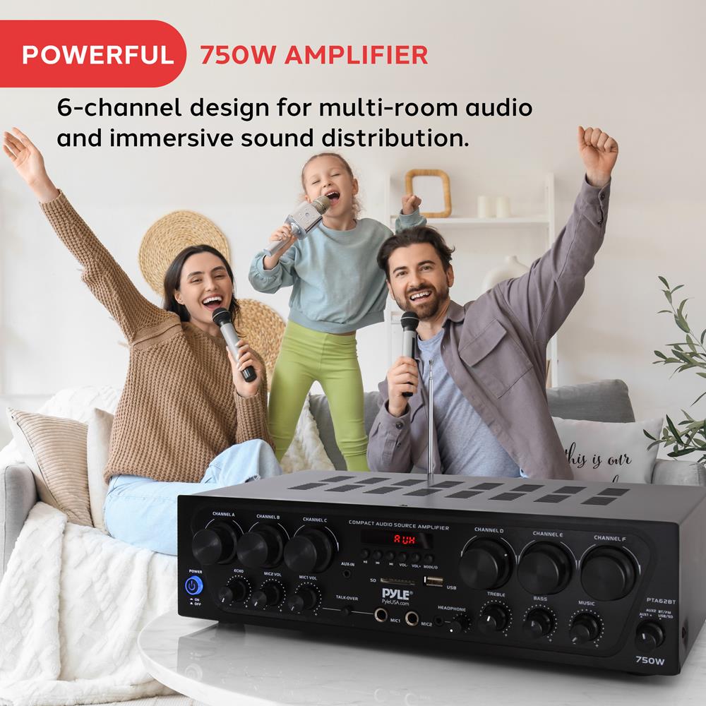 ALMOST GONE!!!!! 6-Channel Bluetooth Stereo Amplifier System with 750W Max Power Output, FM Radio with Digital LCD Display, Dual Microphone Inputs with Echo Control, USB/SD Readers, Subwoofer Output, AUX and RCA Inputs, Headphone Jack, Remote Control, Sho