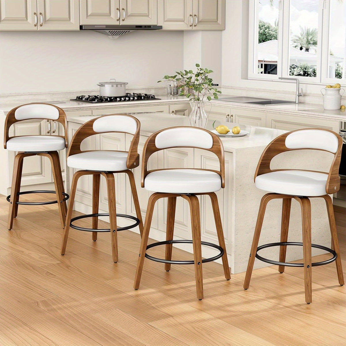 3/4pcs Modern Upholstered Bar Chair Set, 26" Counter-Height Stools With Thick Soft Cushion, Ergonomic Back Support, Solid Wood Legs & Footrest For Kitchen Island