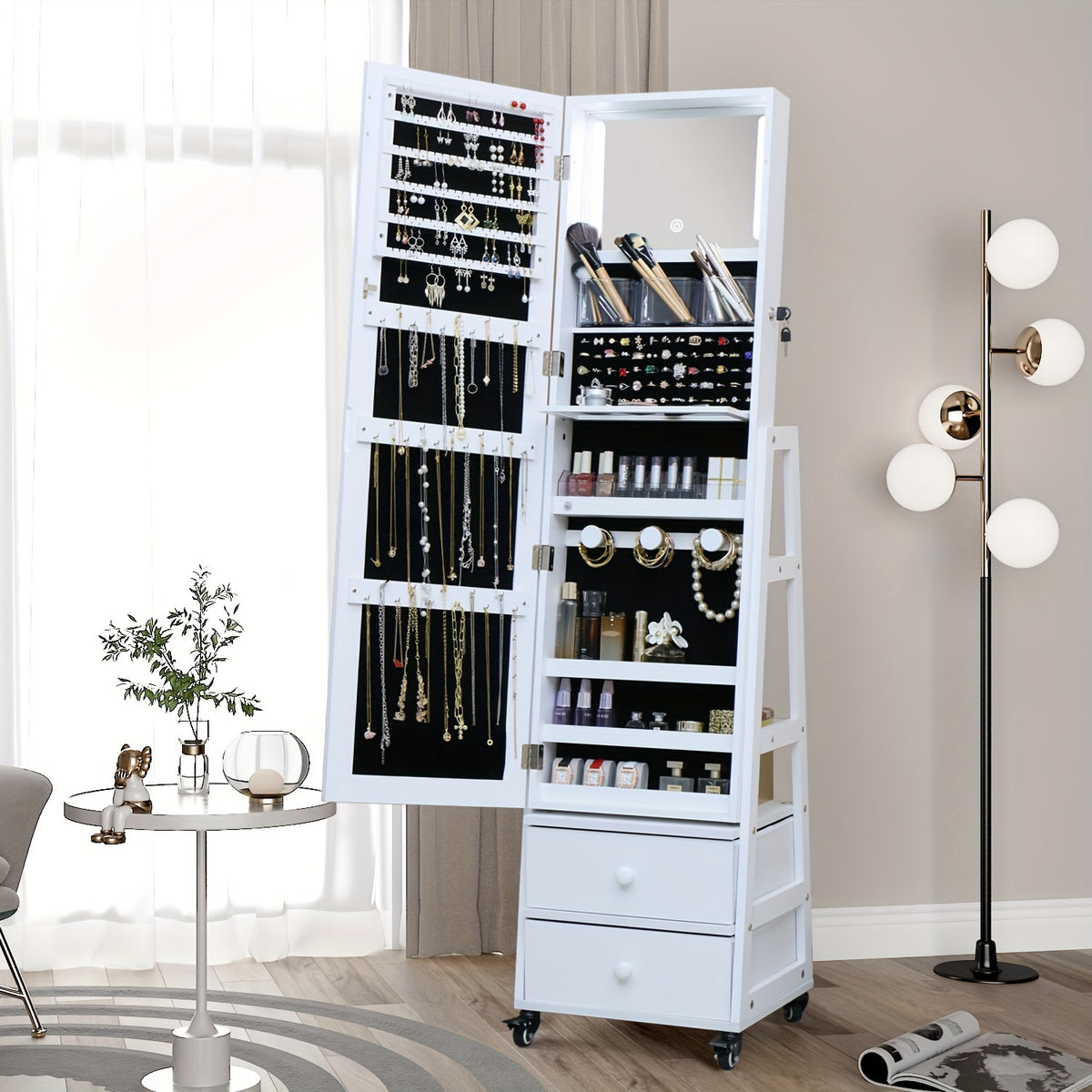 Rotating Jewelry Armoire With LED, Full Length Mirror Large Capacity Jewelry Organizer Armoire, Lockable Floor Standing Mirror With Back Storage Shelves With Wheels Baskets, Bins & Containers