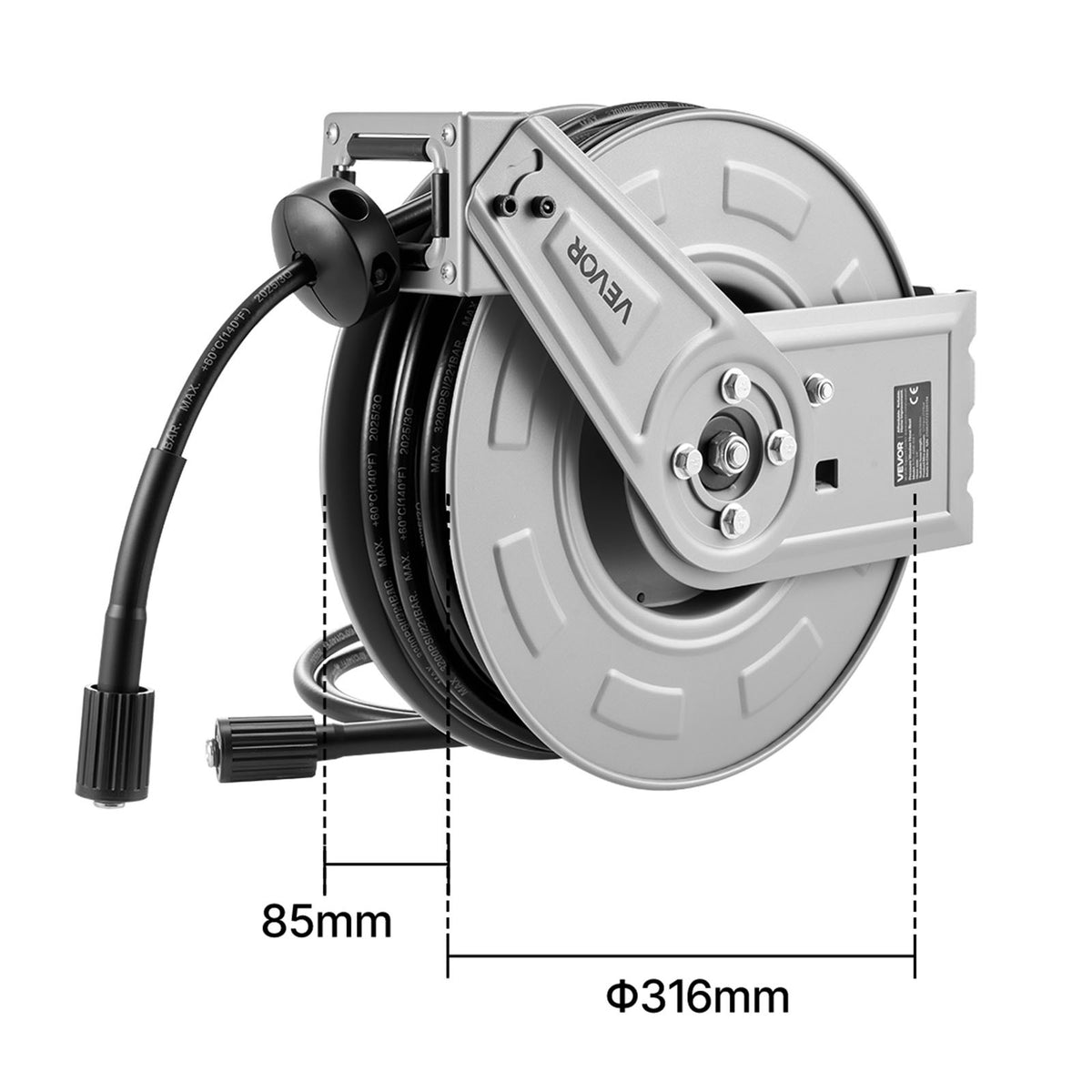 VEVOR Pressure Washer Hose Reel 65ft x 1/4in Retractable 3200PSI Auto-Rewinding