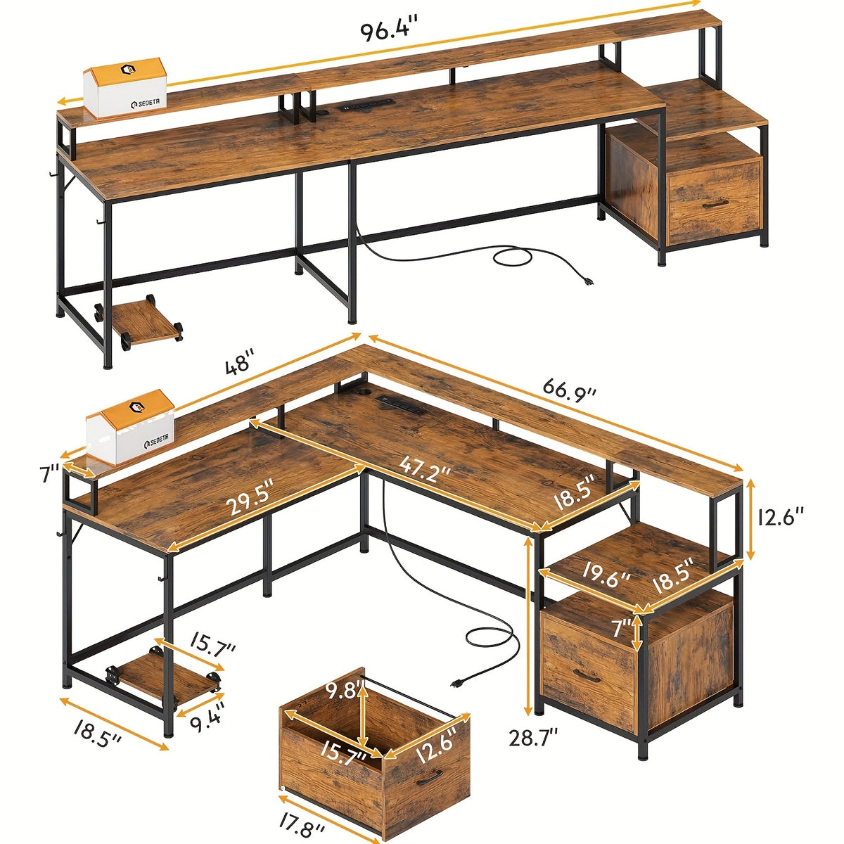 L Shaped Desk for Home Office, Reversible Corner Computer Desk with File Drawer, Led Lights and Monitor Shelf, Two Person Desk