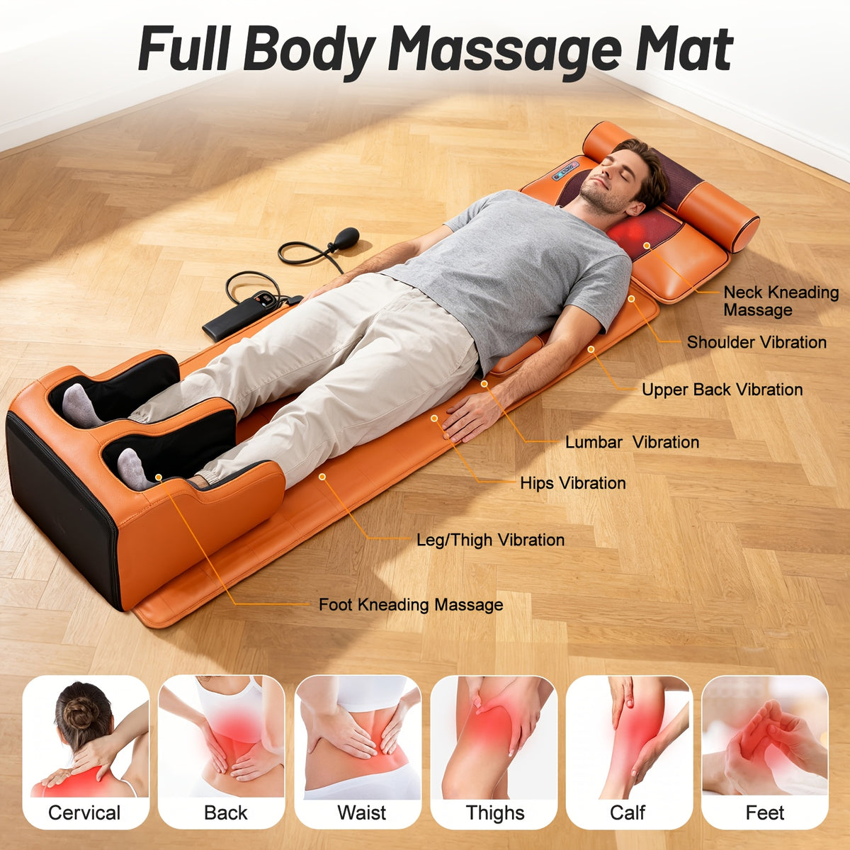 Foldable Full Body Massage Mat with Foot Massager, Heat And Vibration Modes, 3 Heating Levels, 9 Modes And 9 Intensities, Timer Function, Suitable for Home Office