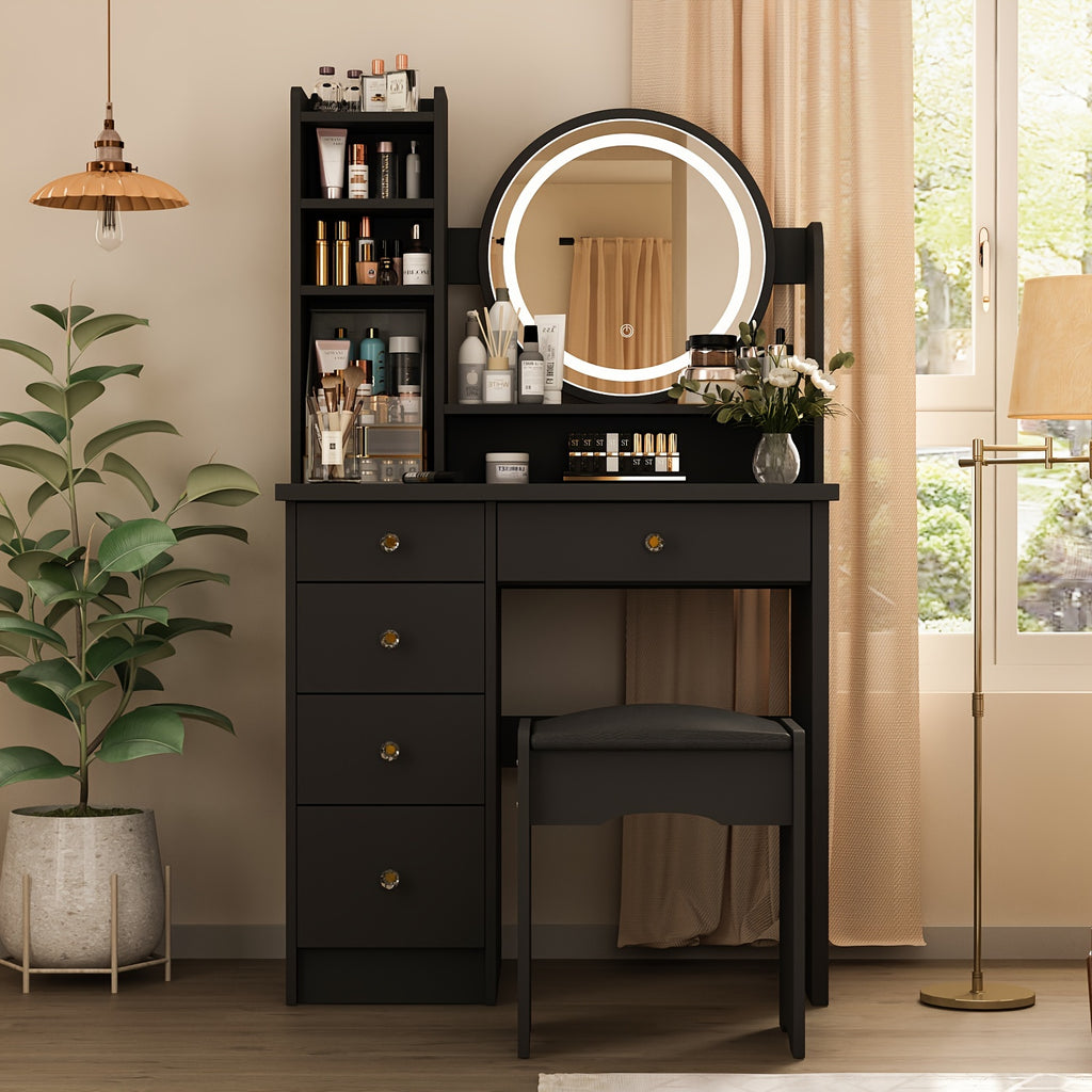 Unique Black Dressing Table Set, With LED Light Mirror, Open Storage Shelves And Stool, Modern Bedroom Dressing Table, Black