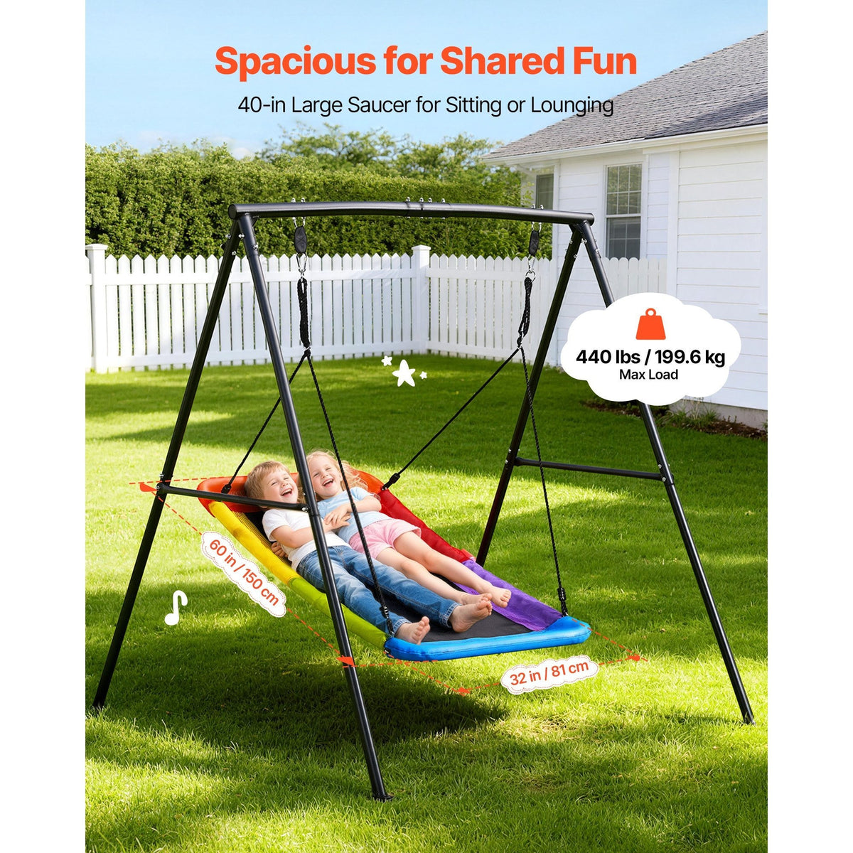 Outdoor Swing Set with 60 x 32 in Saucer Seat — 440 lb A-Frame Design for Backyard Play, Black