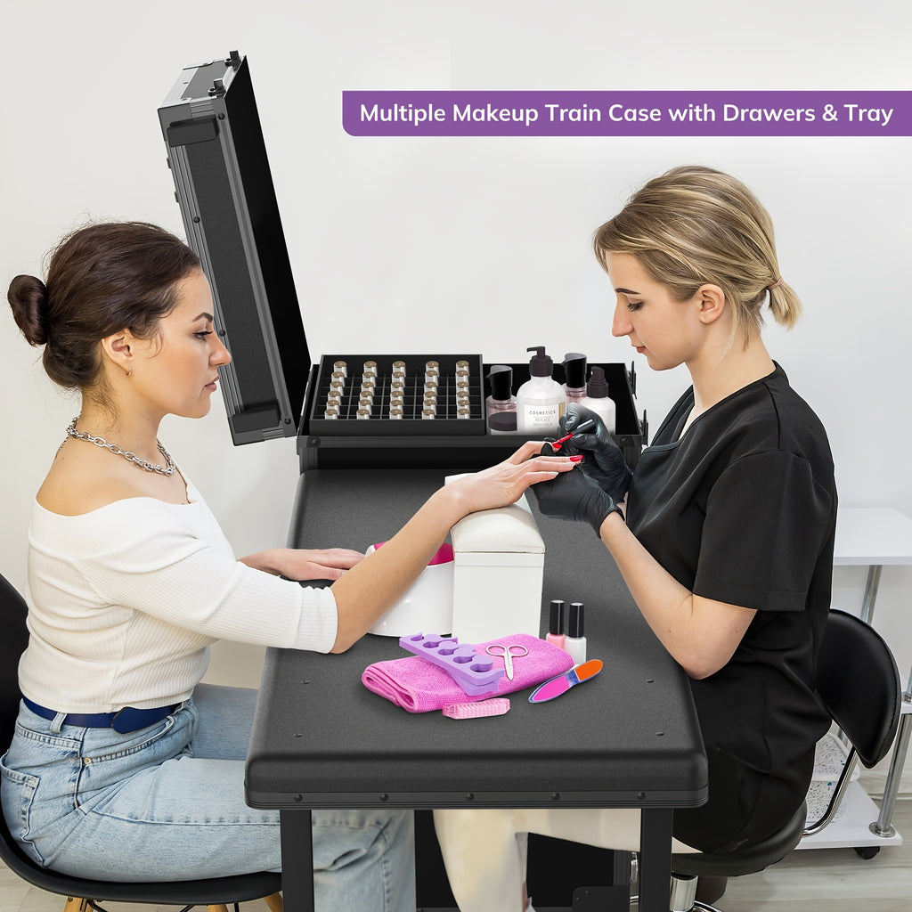 [Portable Foldable Nail Desk] Rolling Portable Manicure Table With Drawers, Mirror And Nail Polish Organizer, Lockable Makeup Train Case, Foldable Nail Desk, Bonus 3pcs Eyebrow Razors