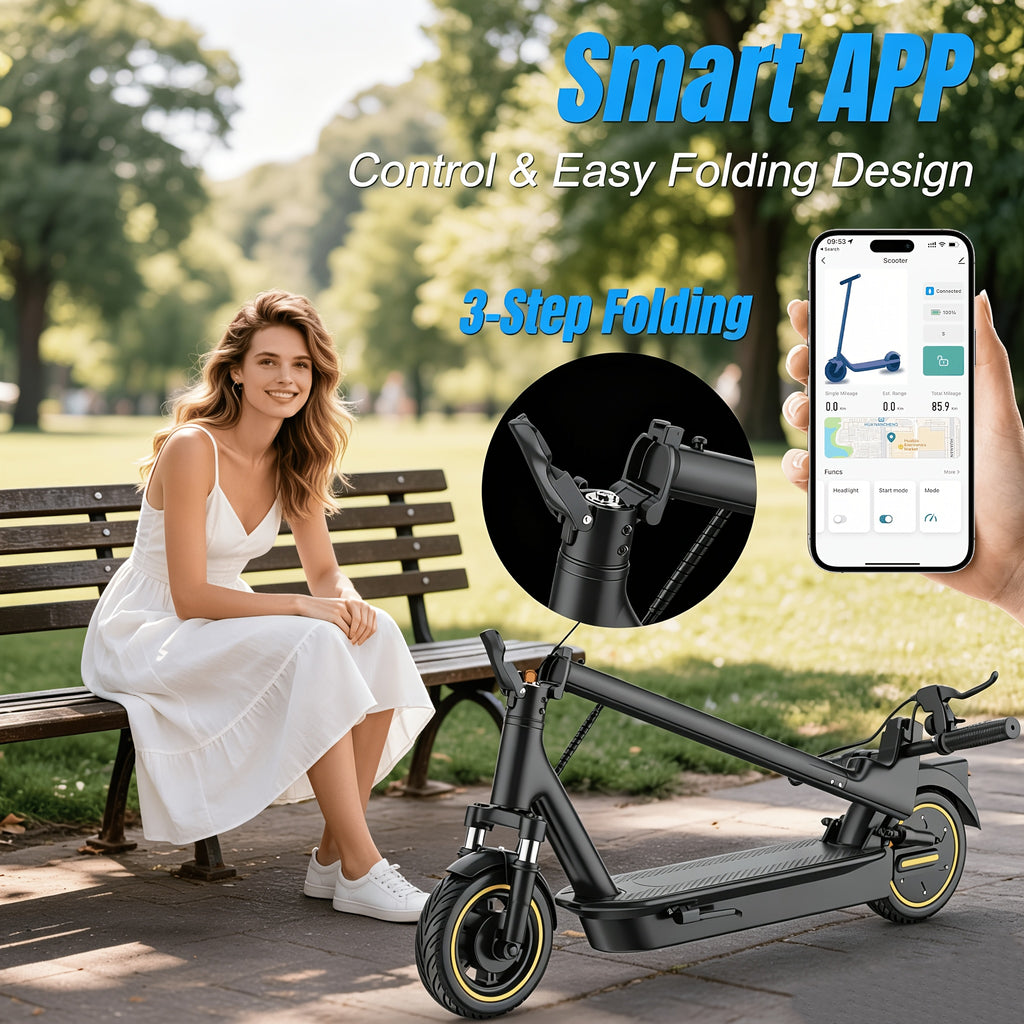 [Electric Scooter] AOVOPRO Folding Adult Electric Scooter, 500W Brushless Motor, 10" Tires, 3-Speed Settings, 21-28 Miles Range, Dual Suspension Dual Shock Absorption And Smart APP Control, Installed Safety Bell, 350 LBS Max Load