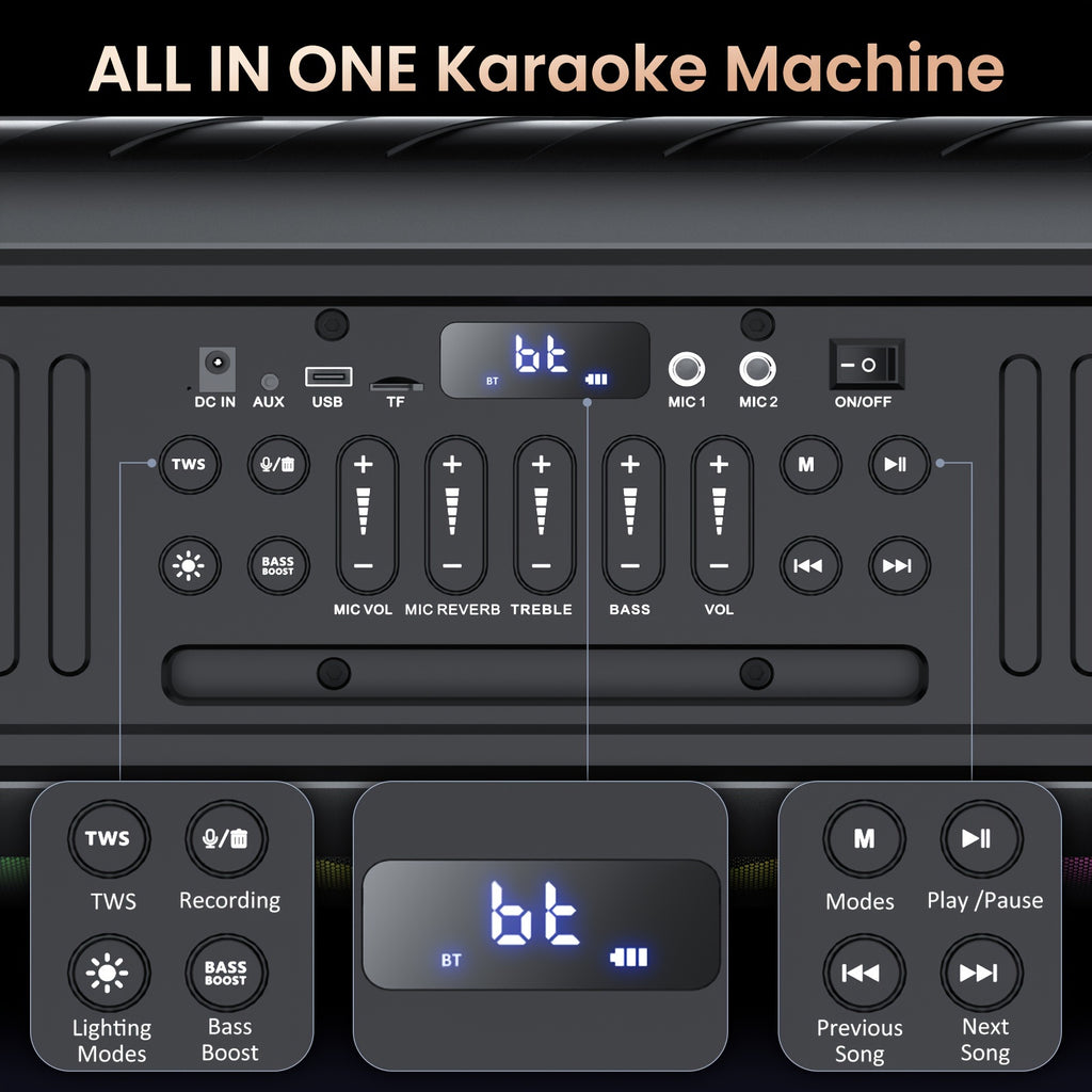 Large Karaoke Machine, Karaoke Speaker with 2 Wireless Microphones, Portable Speaker with Beat Light Show, Singing Machine Karaoke Home Speaker System with MIC Reverb, AUX Input, T11-T