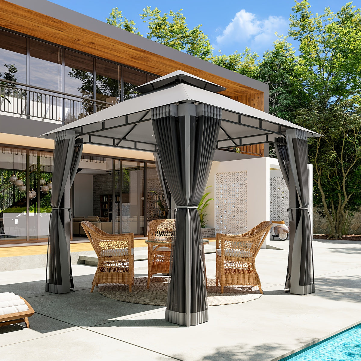 8'x8'Heavy-Duty Aluminium Alloy Outdoor Gazebo With Double Roof Canopy - All-Weather Pergola Mosquito Netting, Suitable For Terraces, Backyards, Or Gardens (grey)