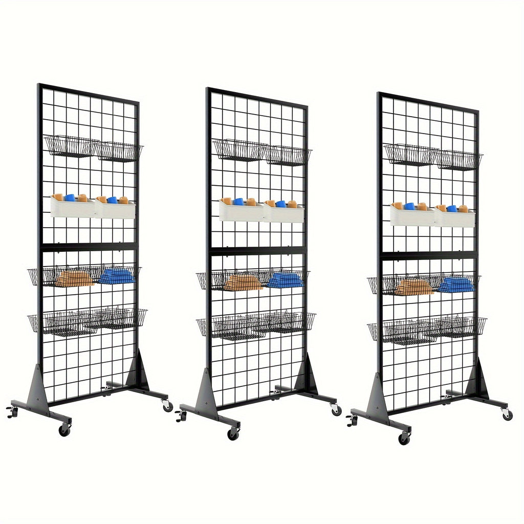 3-Pack 2' X 5.5' Ft Gridwall Panel Mesh Display Stand Heavy Movable Floorstanding Grid Wall Panels with Mute Wheel