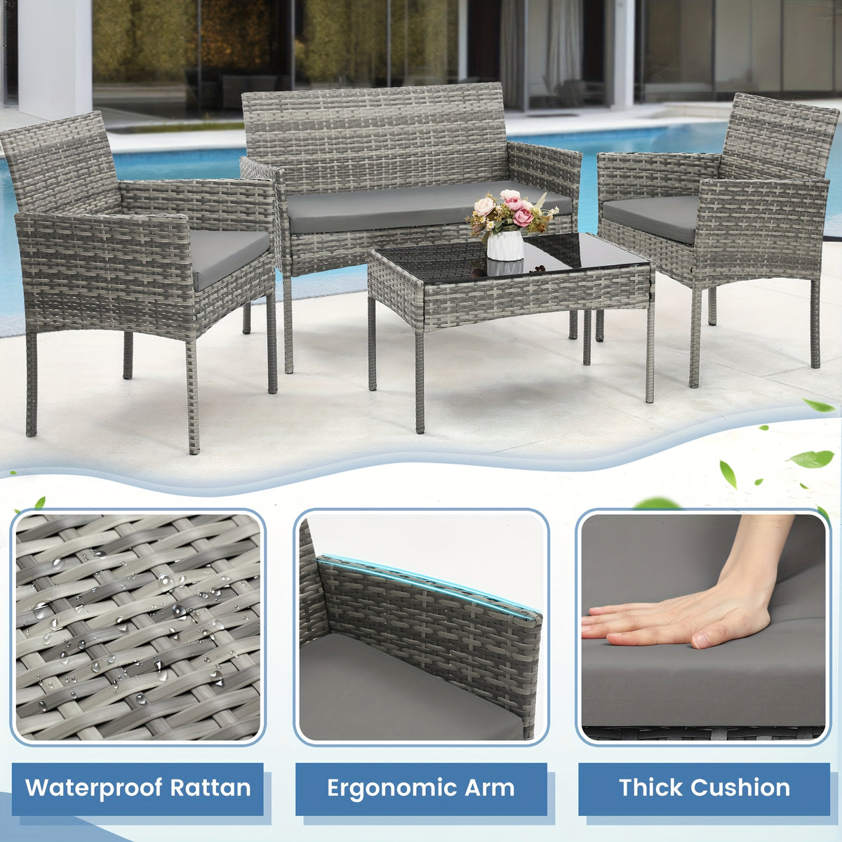 KROFEM 4pcs Bistro Conversation Rattan Furniture Set, Designed for Casual Worry Free Outdoor Living, Premium Quality Sofa, 2 Chairs And Sofa Loveseat with Cushions Plus Glass Top Coffee Table, for Patio, Porch, Or Balcony