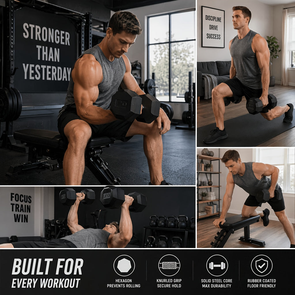 2pcs 60lb/65lb/70lb/75lb Hexagon Rubber Coated Cast Iron Dumbbells, Anti-Slip Grip, Rubber Grip Dumbbells, Rubber Coated Cast Iron