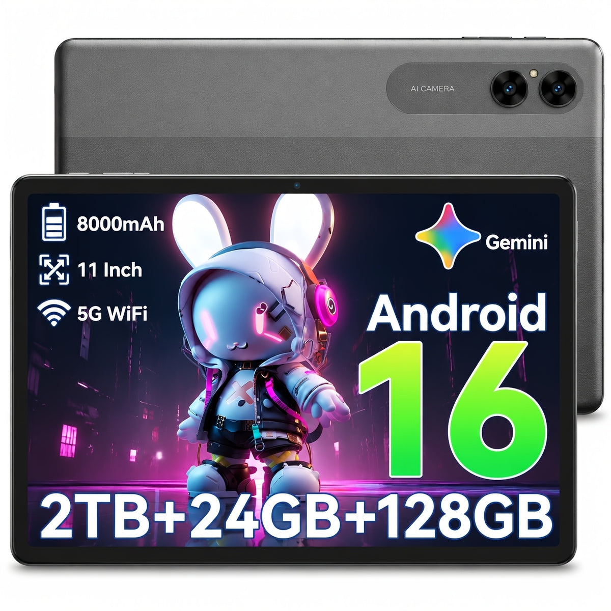 Android 16 New 2026 Tablet, 11-inch HD Large Screen+1280x800 IPS Display, Octa-Core High-Performance CPU, 24(6+18)GB RAM +128GB ROM(2TB Expand), 13MP+5MP Camaras/Face ID, 8000mAh Long Battery Life, Support Widevine L1, Gemini AI, And 90Hz High