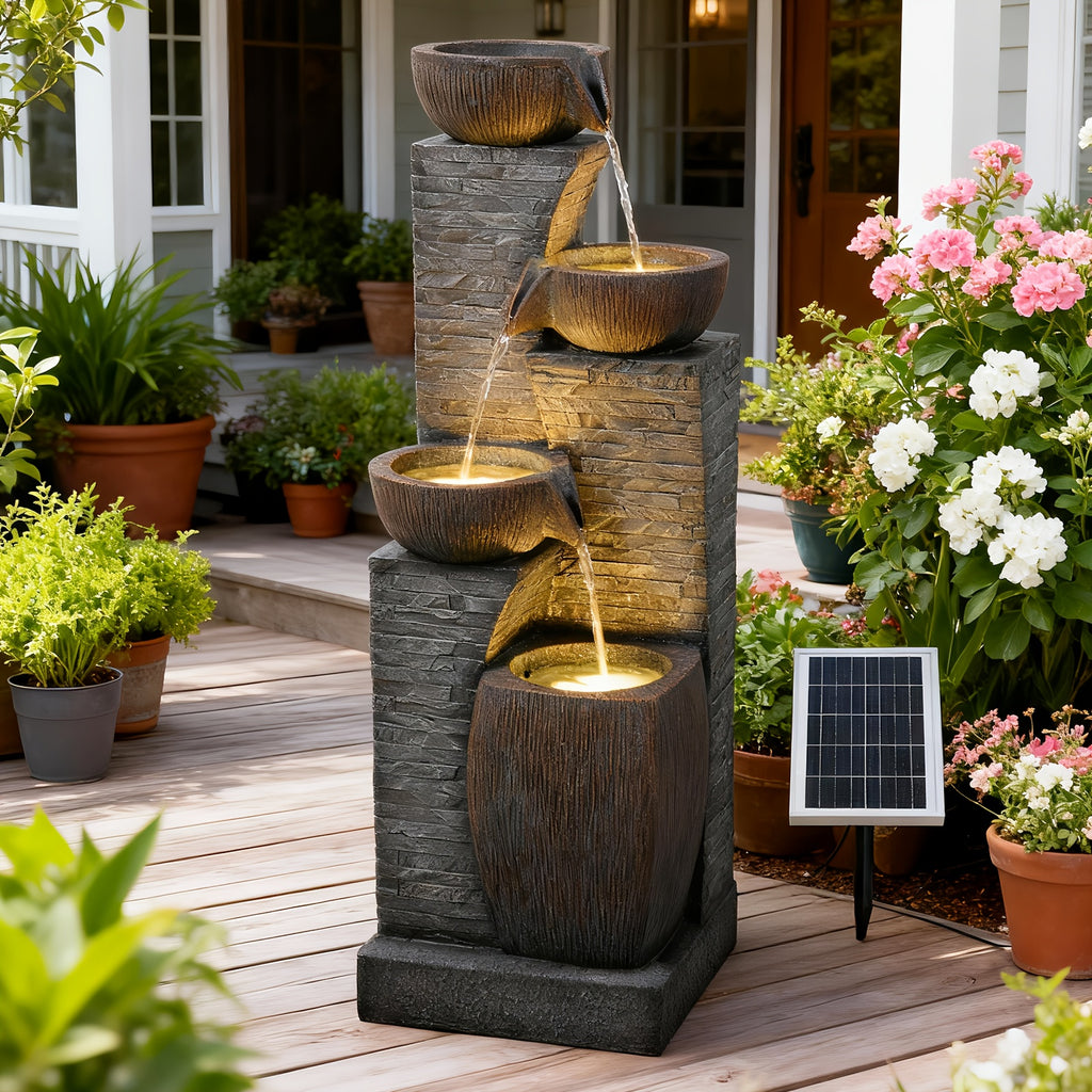 Solar Outdoor Water Fountain, 38.2-Inch 4-Tier Cascading Bowls and Stacked Stones with LED Lights